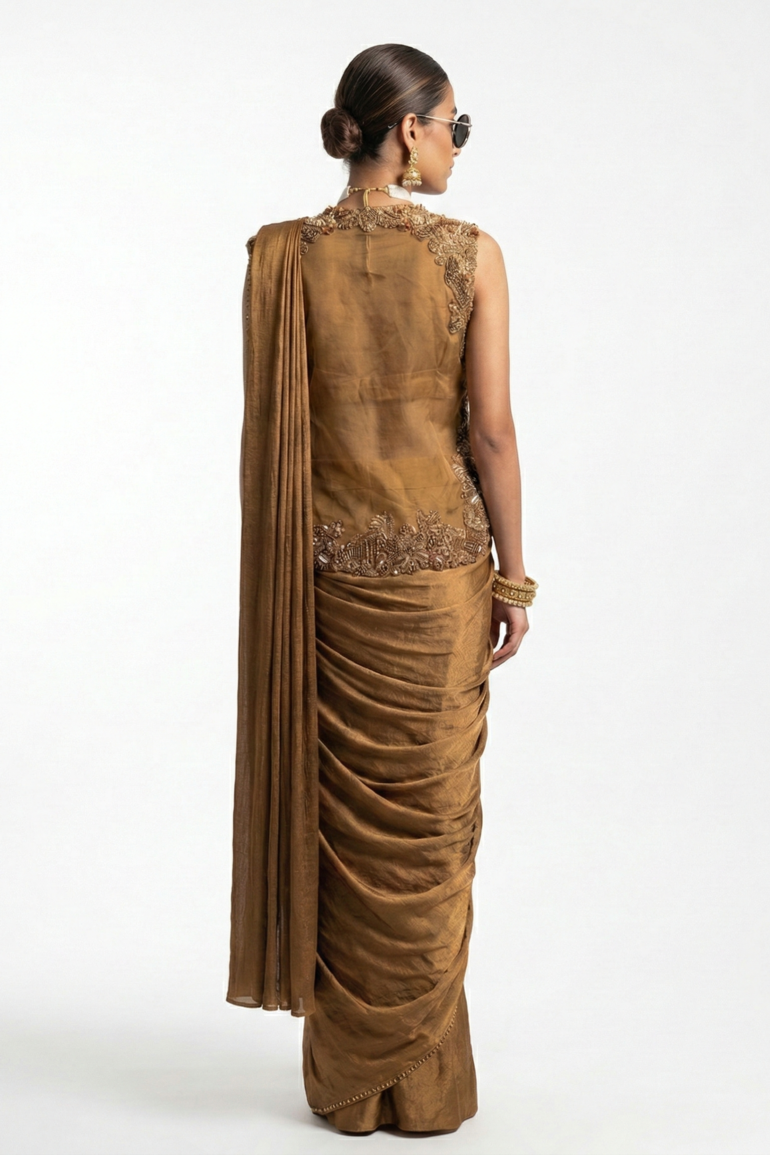 Dusty Gold Embellished Tissue Silk Draped Saree