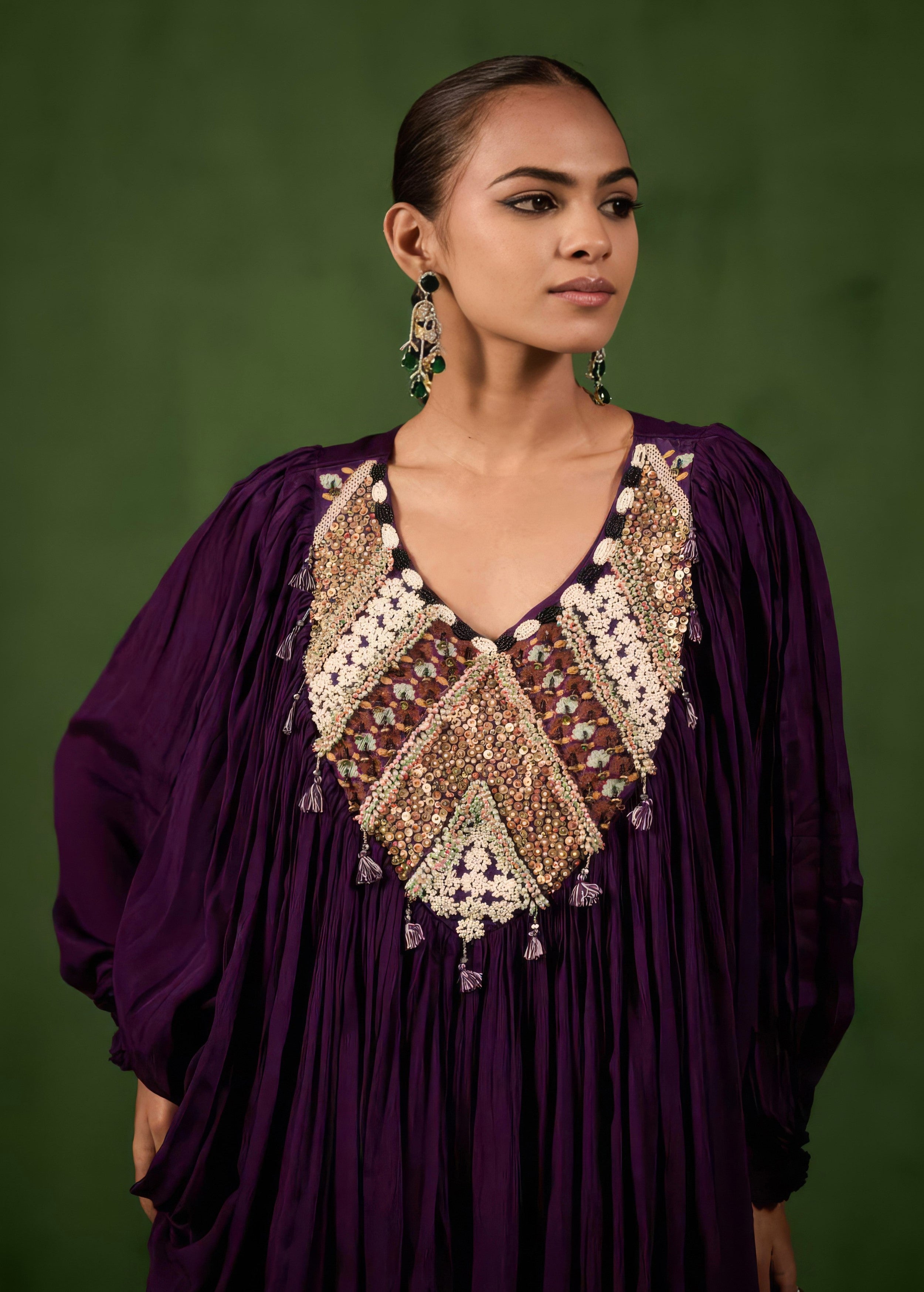 Dark Purple Embellished Chinon Silk Kaftan Set