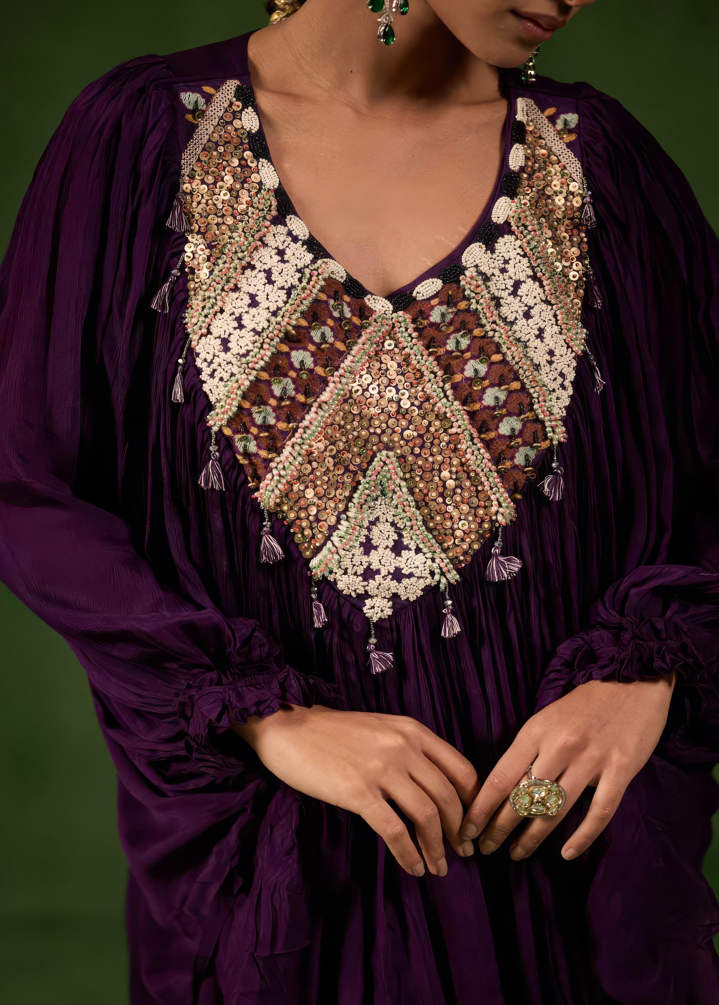 Dark Purple Embellished Chinon Silk Kaftan Set