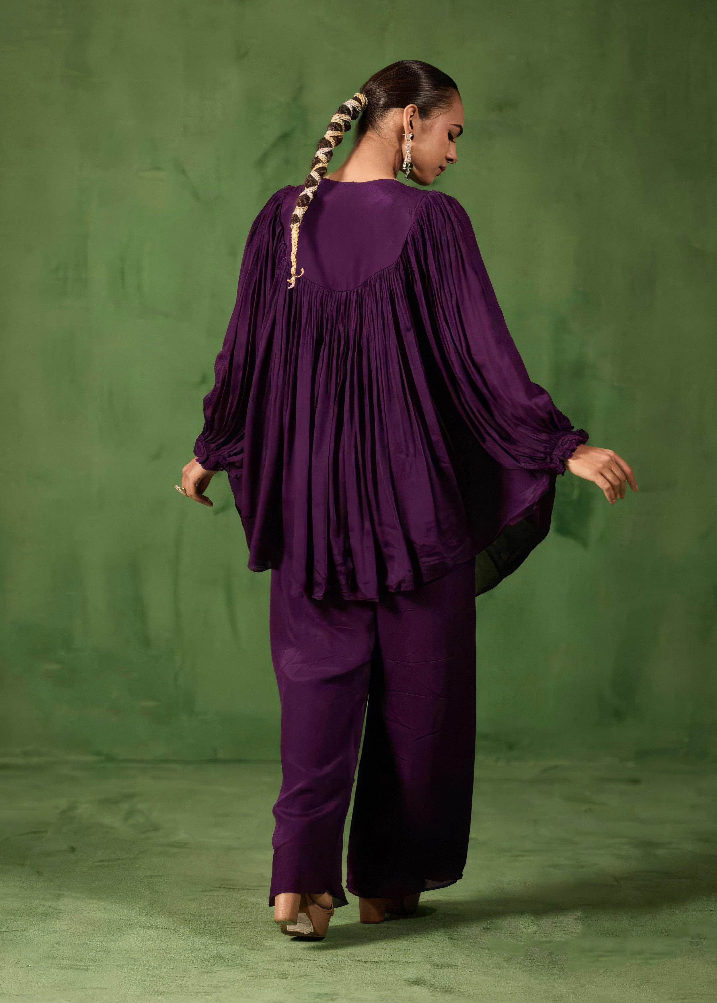 Dark Purple Embellished Chinon Silk Kaftan Set