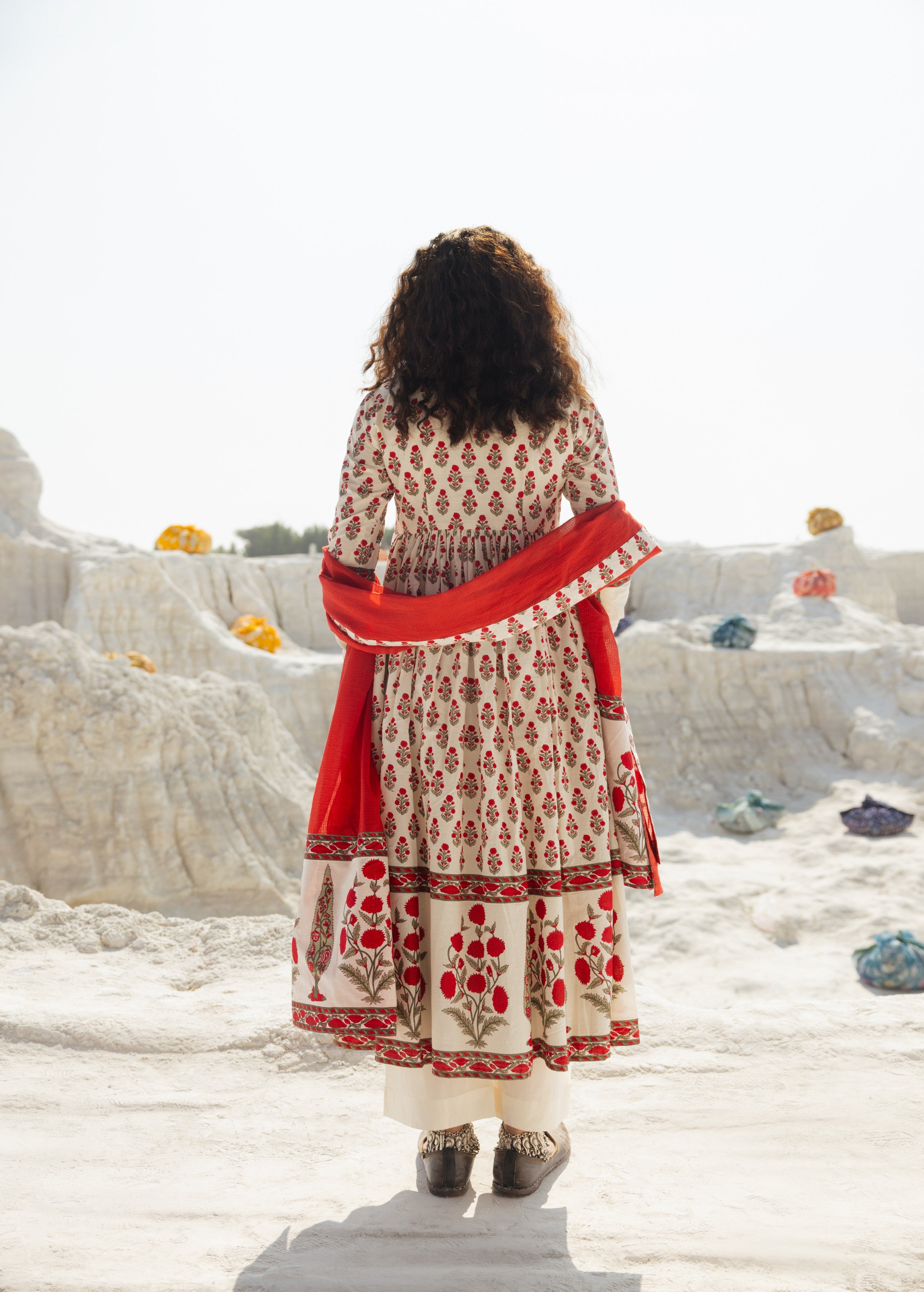 Cream and Red Printed Organic Cotton Anarkali Set