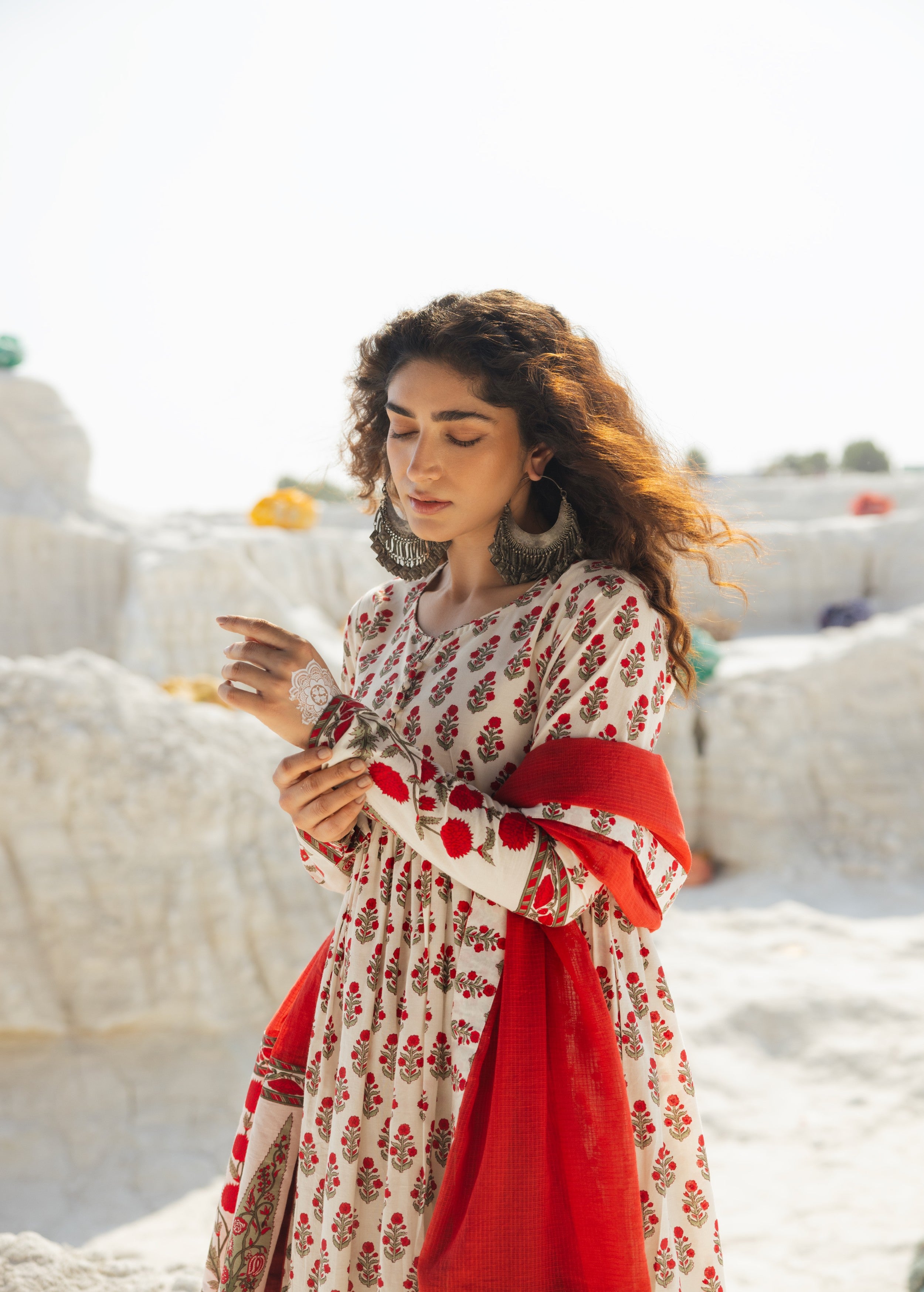 Cream and Red Printed Organic Cotton Anarkali Set