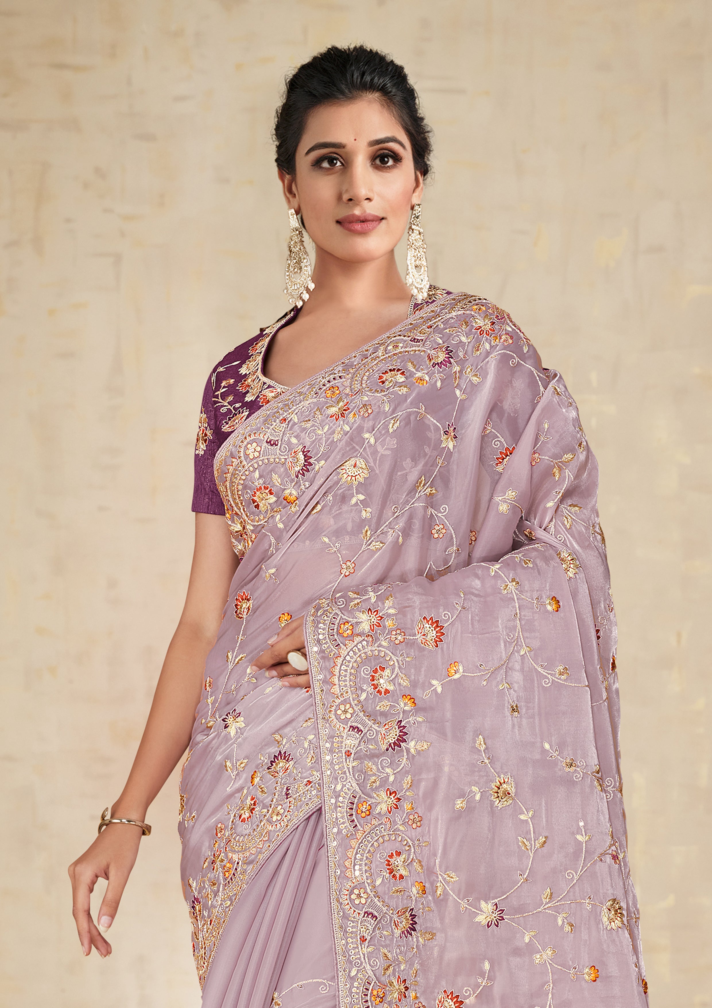 Mauve Embellished Satin Silk Saree