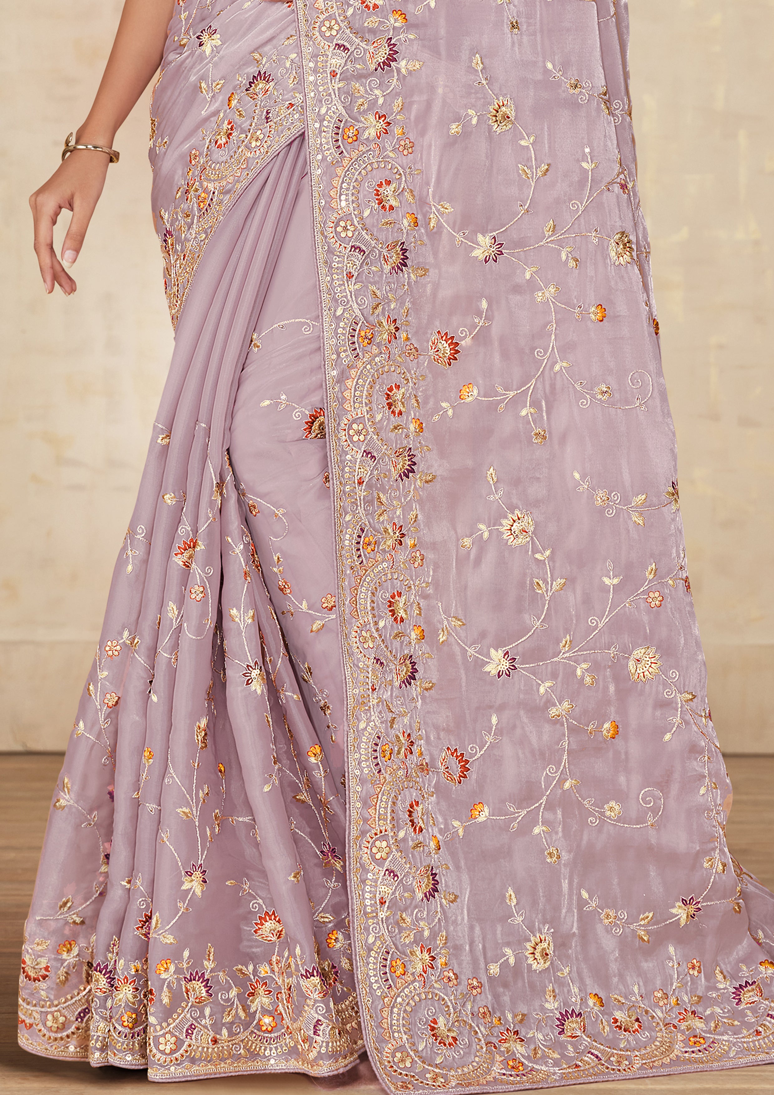 Mauve Embellished Satin Silk Saree