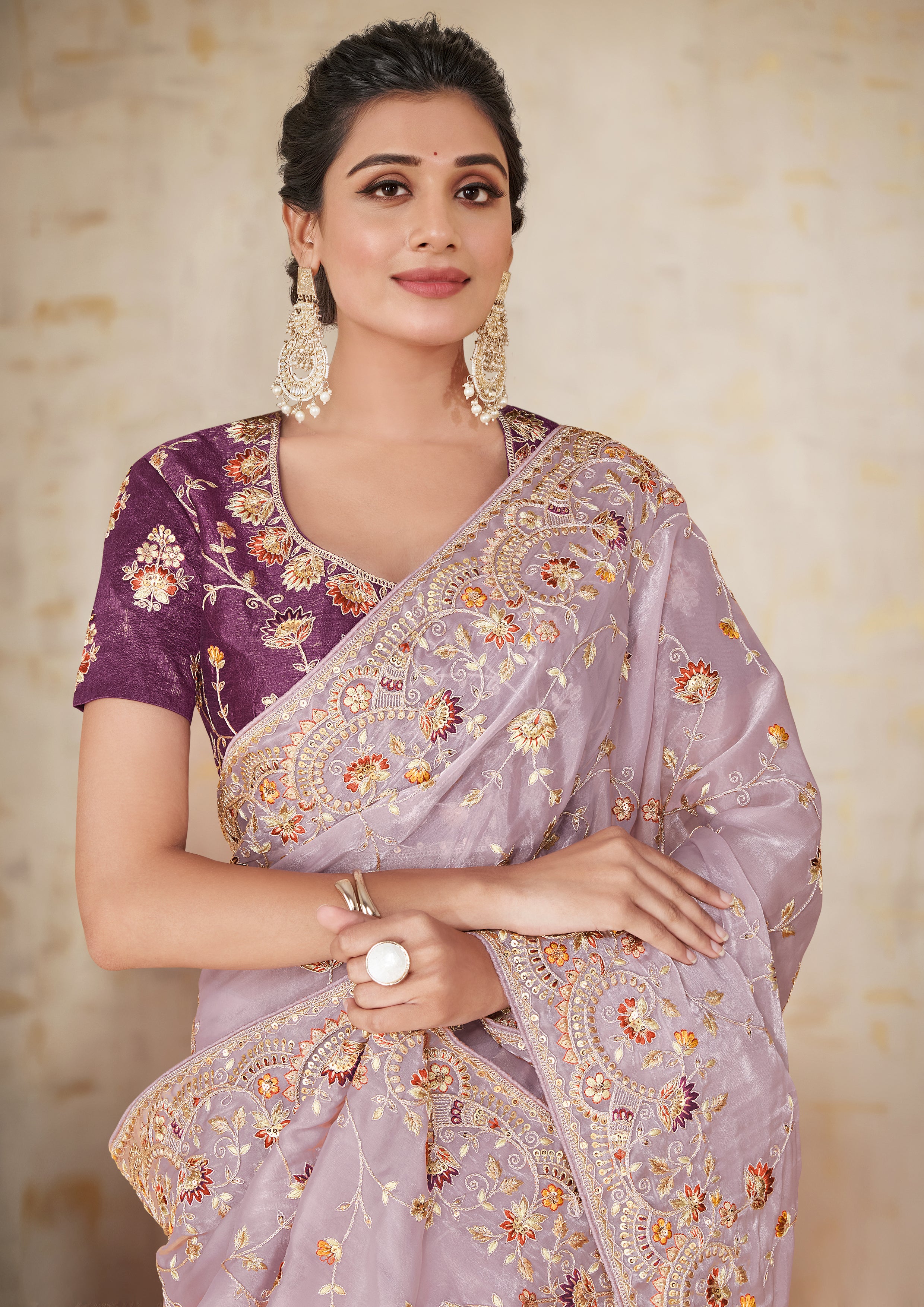 Mauve Embellished Satin Silk Saree