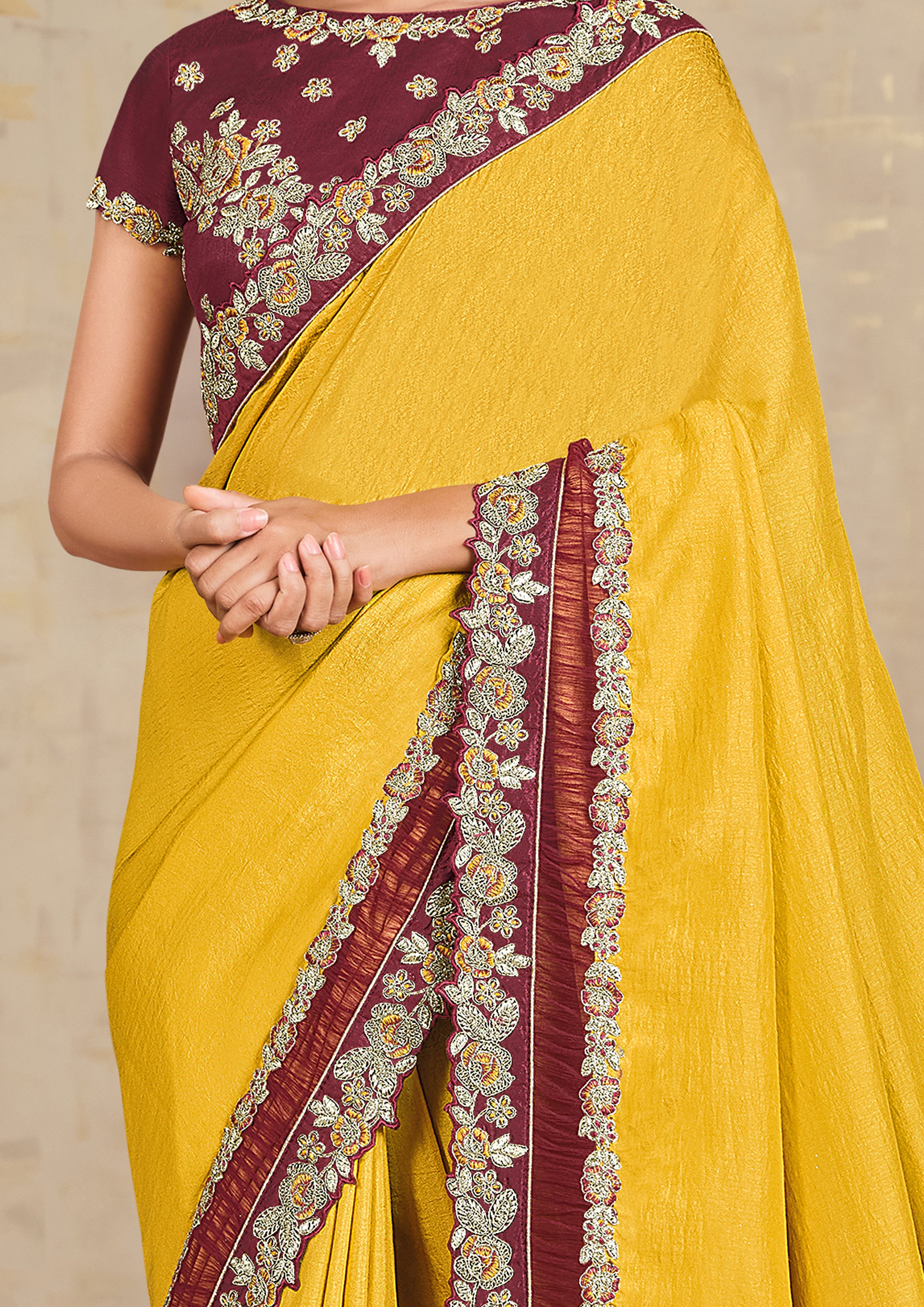 Mustard Yellow Embroidered Tussar Silk Saree
