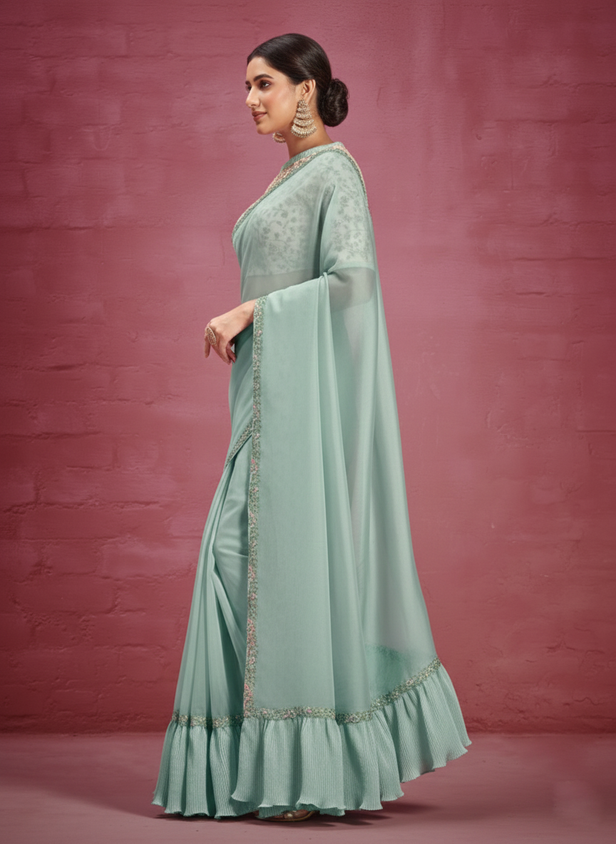 Mint Green Embellished Organza Silk Saree