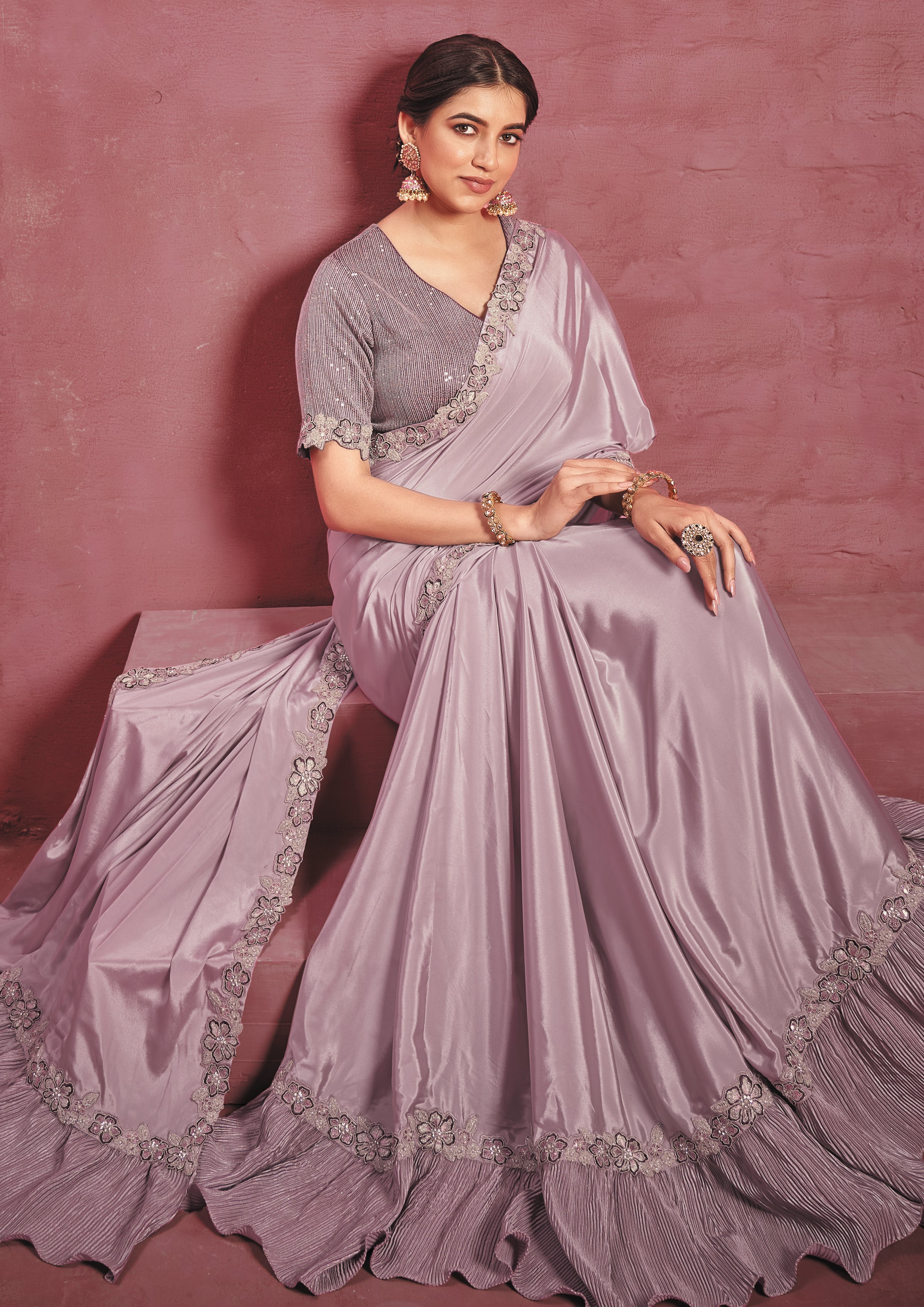 Lavender Purple Embellished Crepe Silk Saree