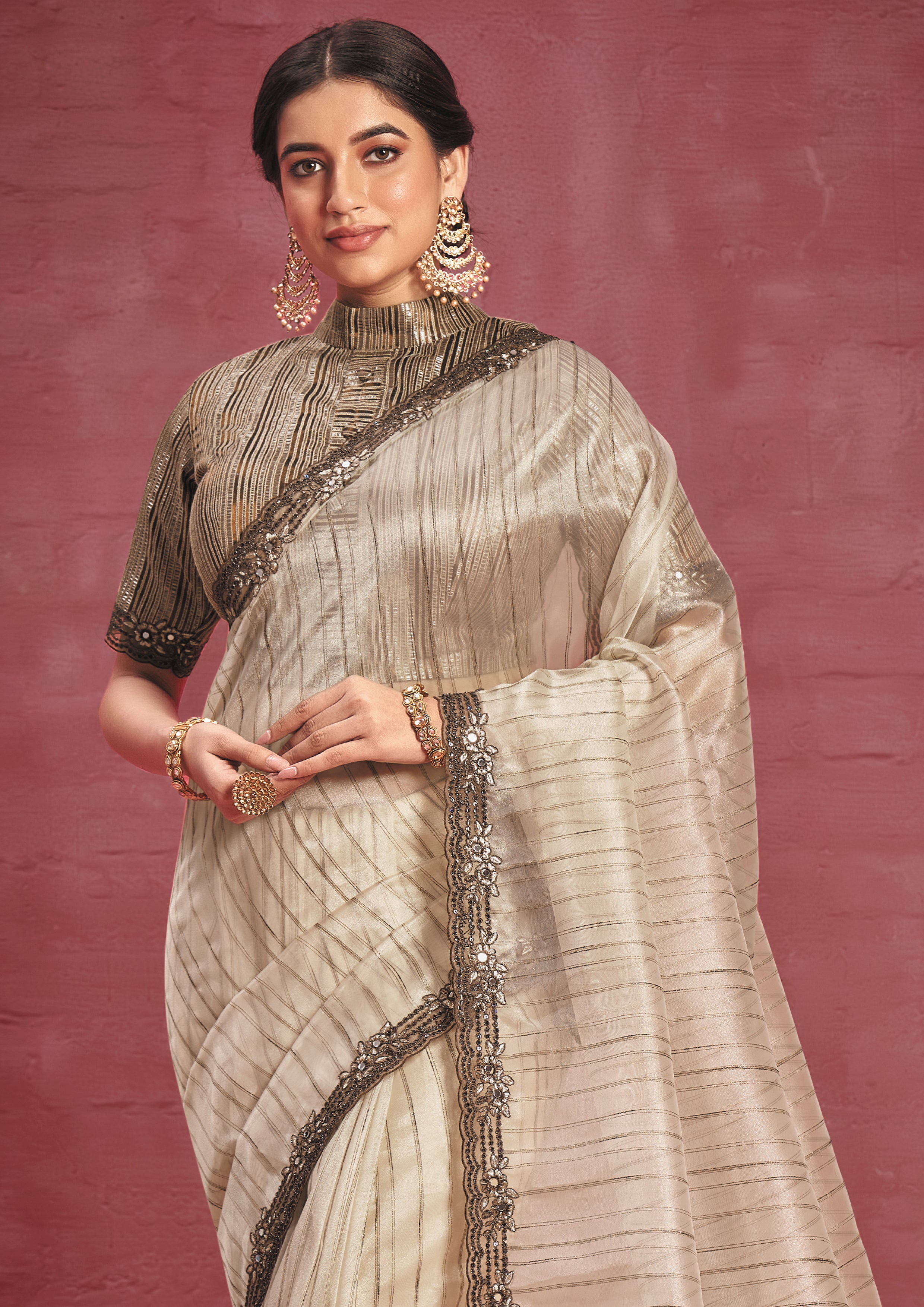 Beige Embellished Organza Silk Saree