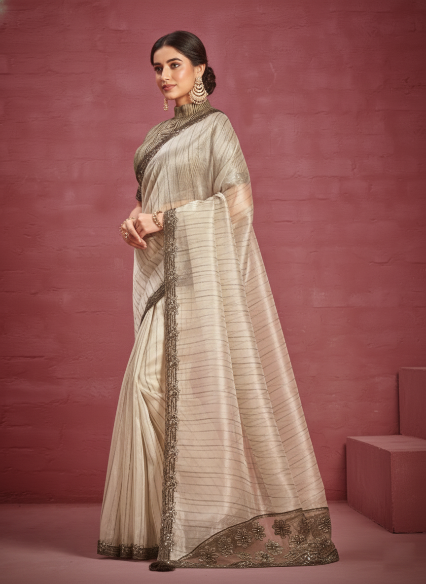 Beige Embellished Organza Silk Saree