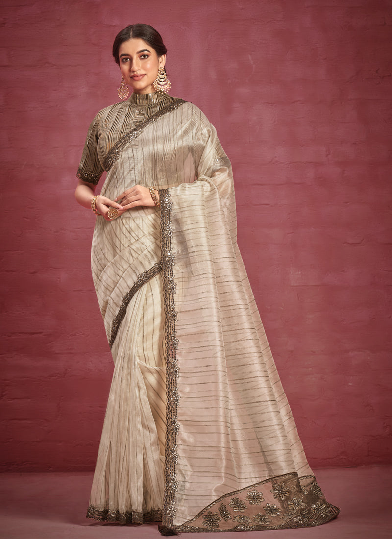 Beige Embellished Organza Silk Saree
