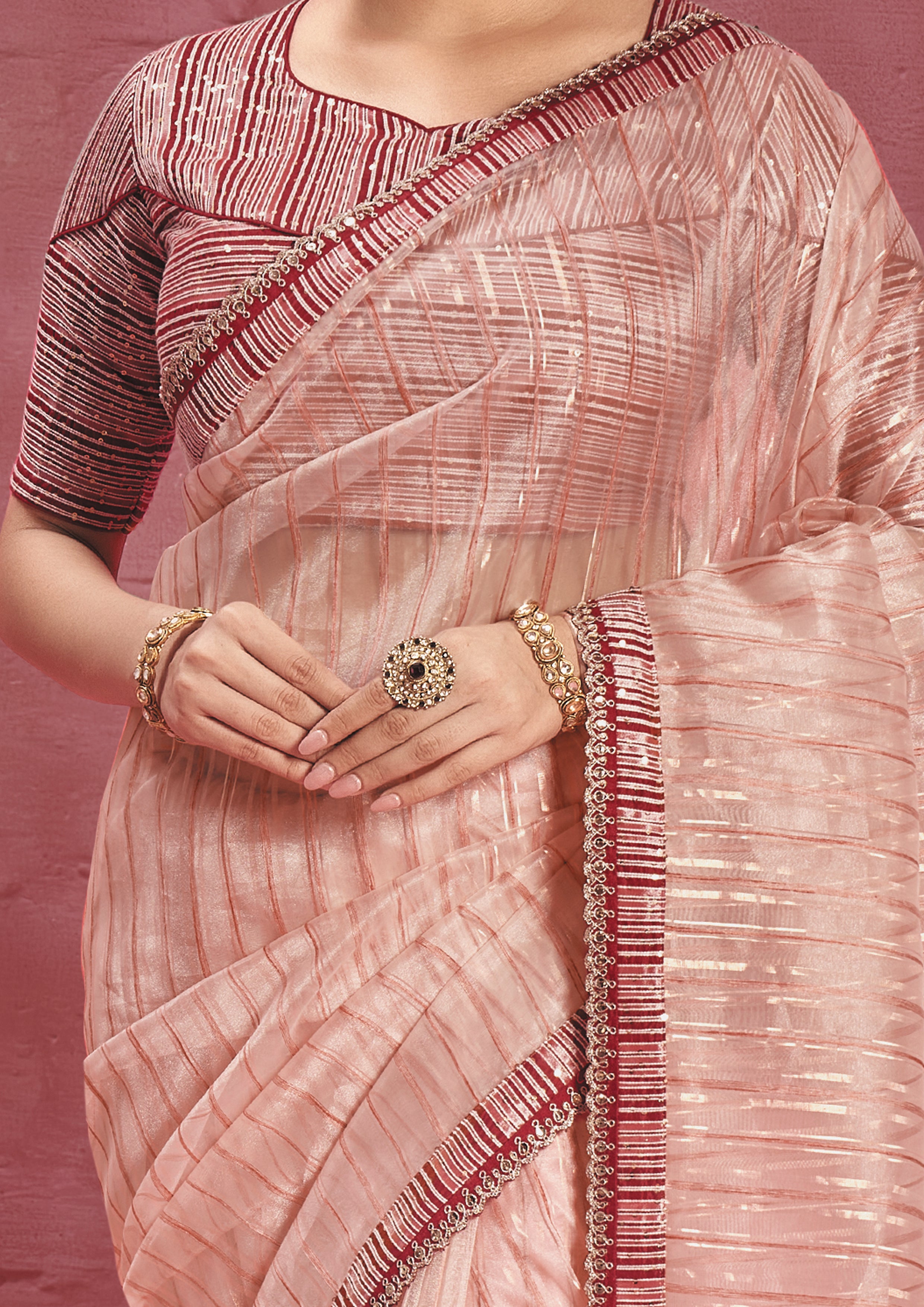 Peach Embellished Organza Silk Saree