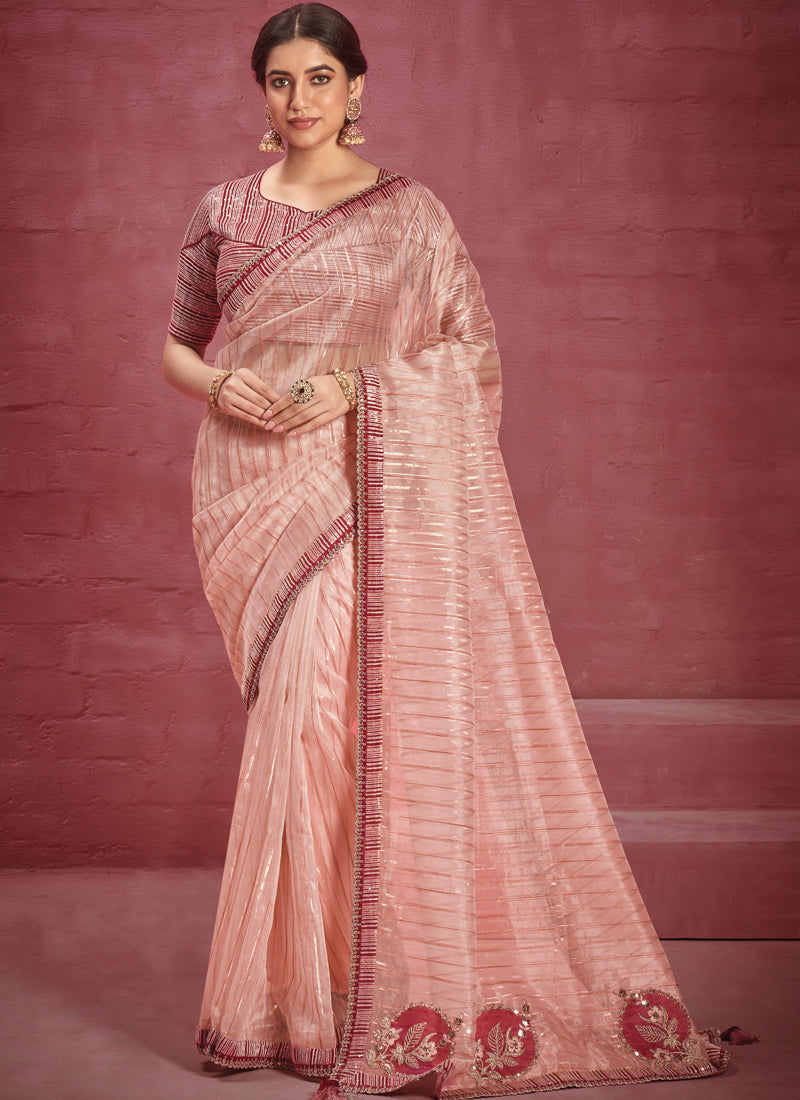 Peach Embellished Organza Silk Saree