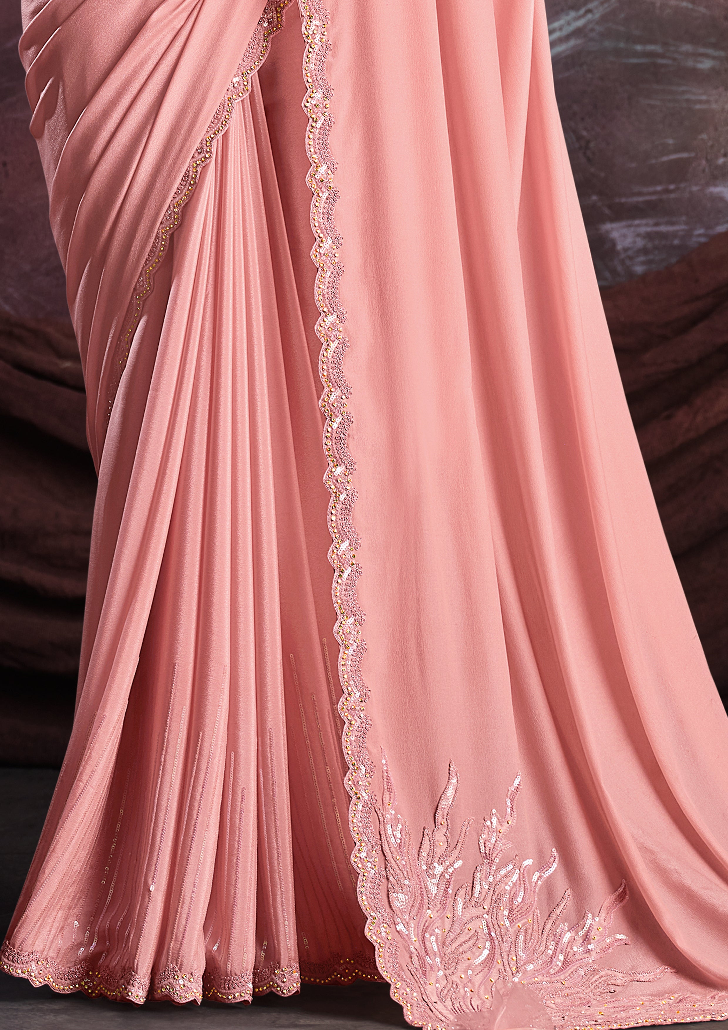 Peach Pink Embellished Shimmer Crepe Silk Saree