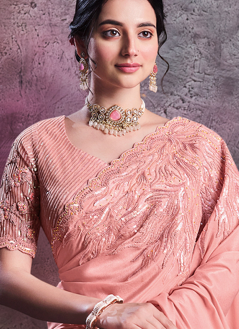Peach Pink Embellished Shimmer Crepe Silk Saree