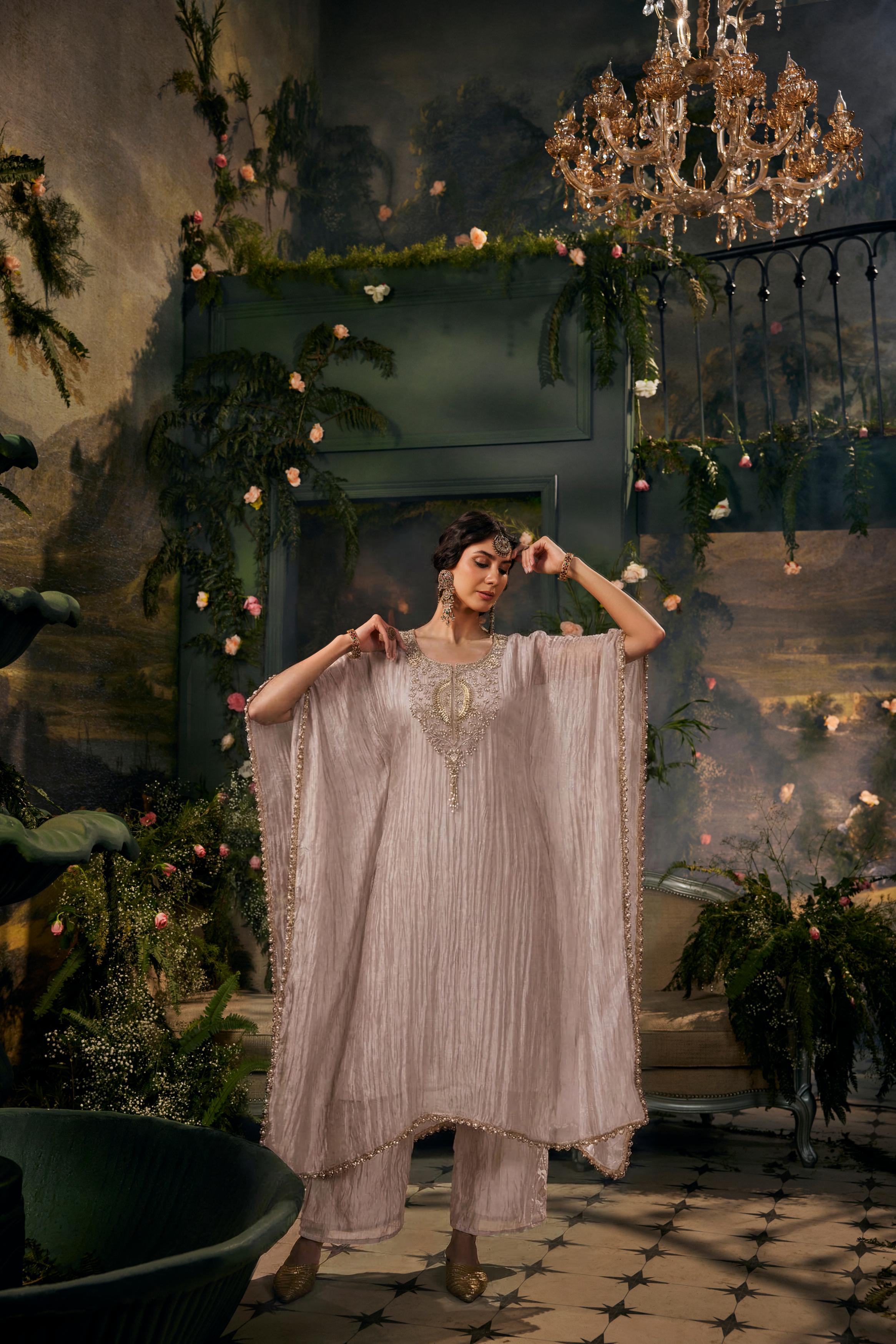 Metallic Lilac-Taupe Embellished Tissue Silk Kaftan Set