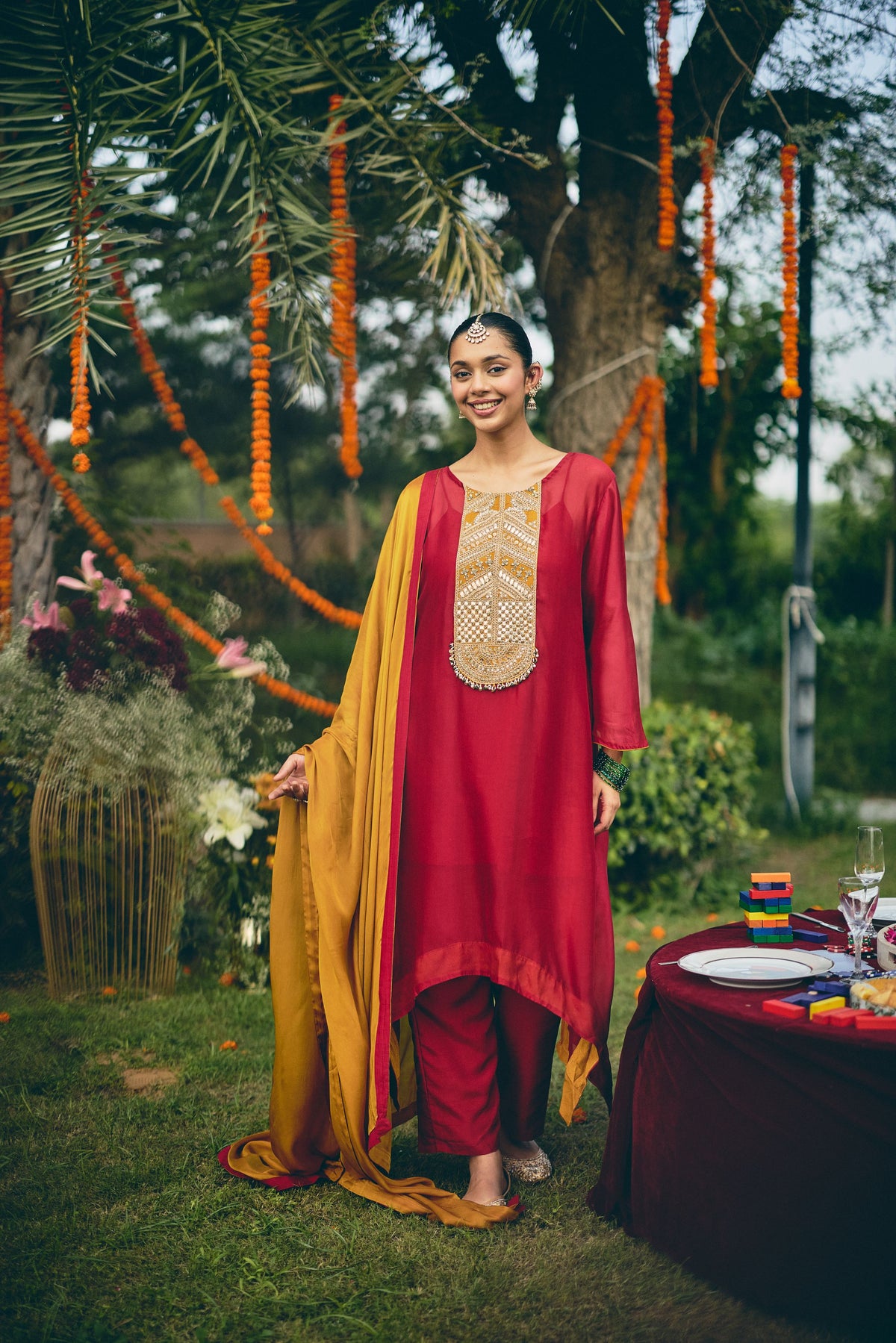 Deep Crimson Red Embellished Organza Silk Pant Set