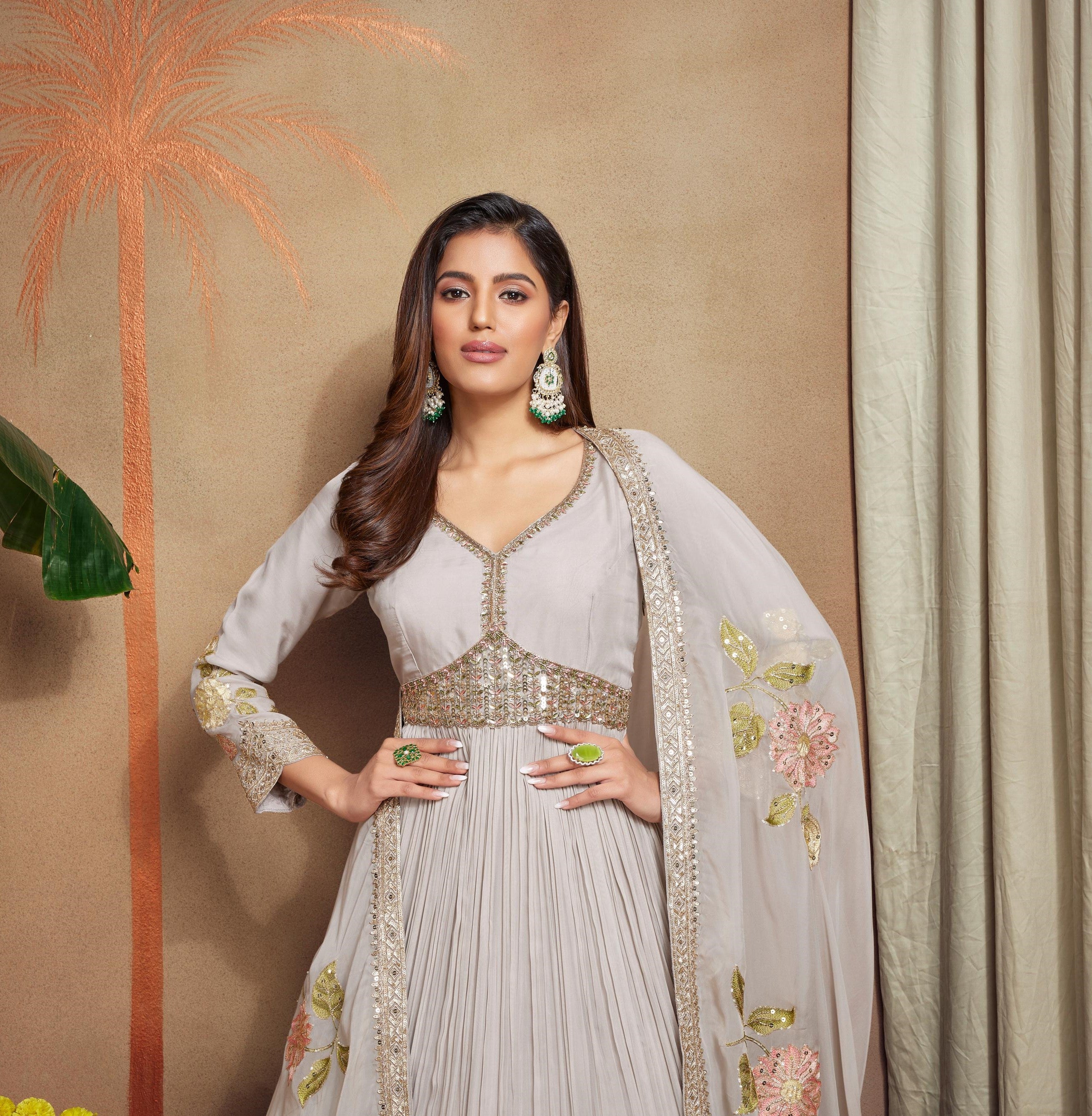 Pastel Grey Embellished Premium Silk Anarkali Set