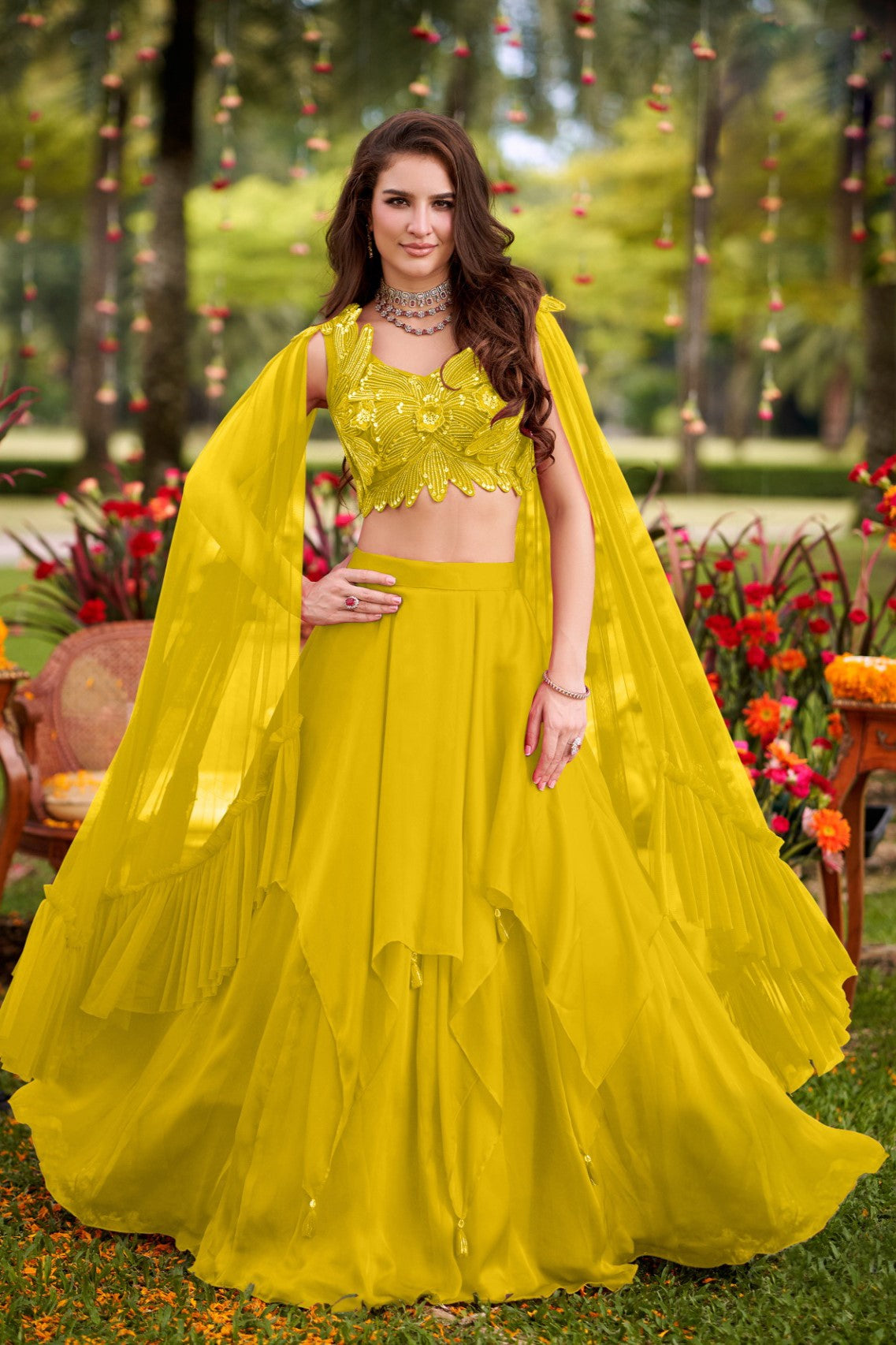 Mustard Embellished Imported Fabric Skirt Set