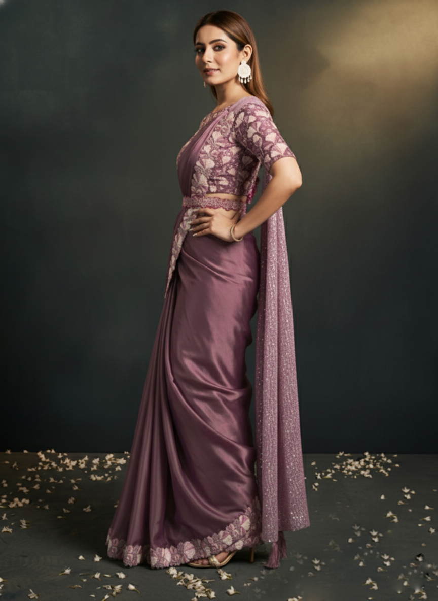 Dusty Pink Embellished Satin Silk Saree