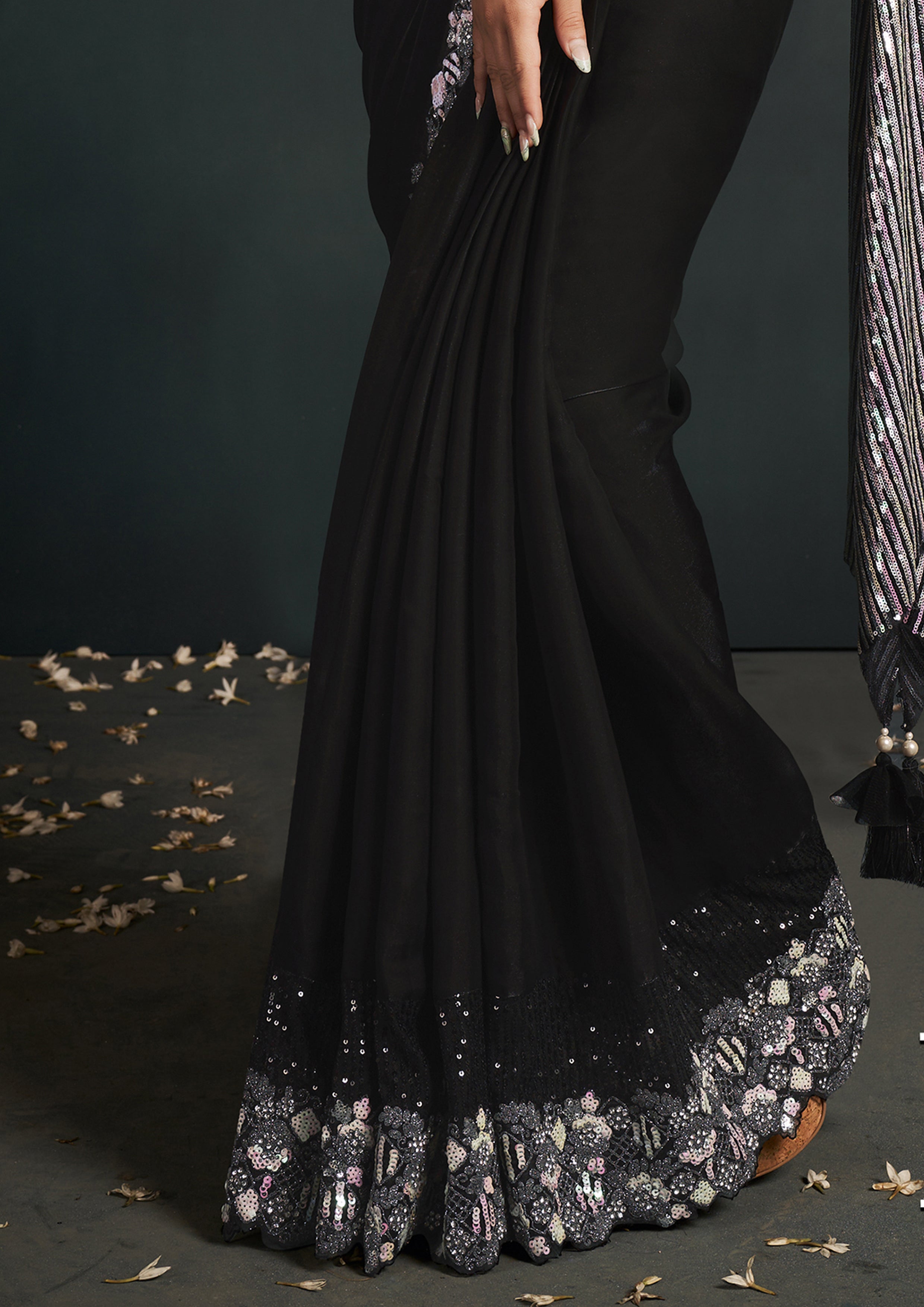 Shadow Black Embellished Crepe Satin Silk Saree