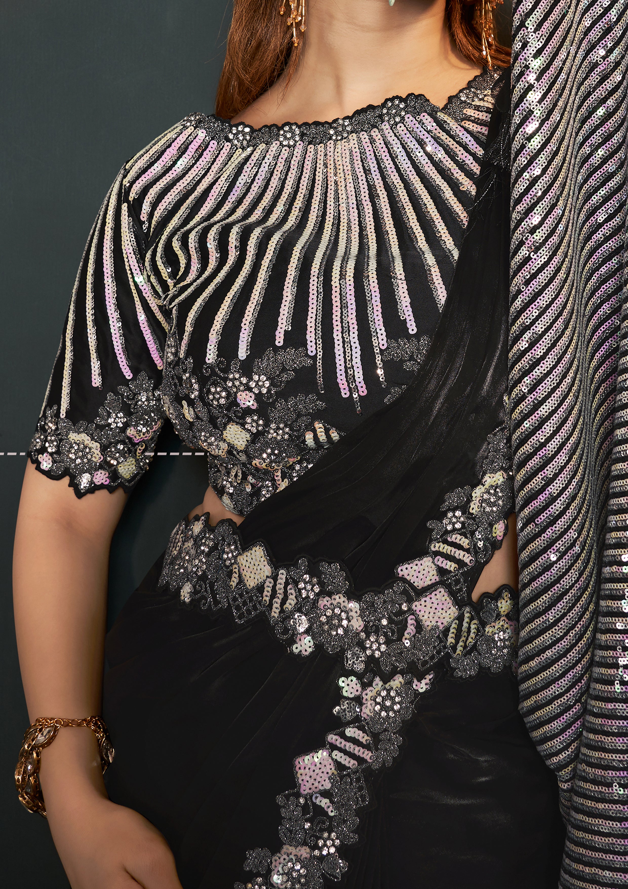 Shadow Black Embellished Crepe Satin Silk Saree