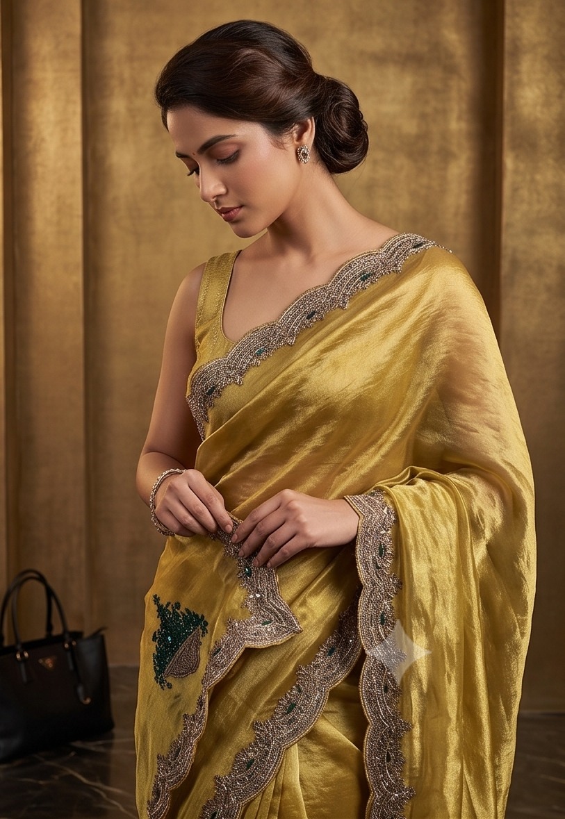 Olive Gold Embellished Tissue Organza Silk Saree
