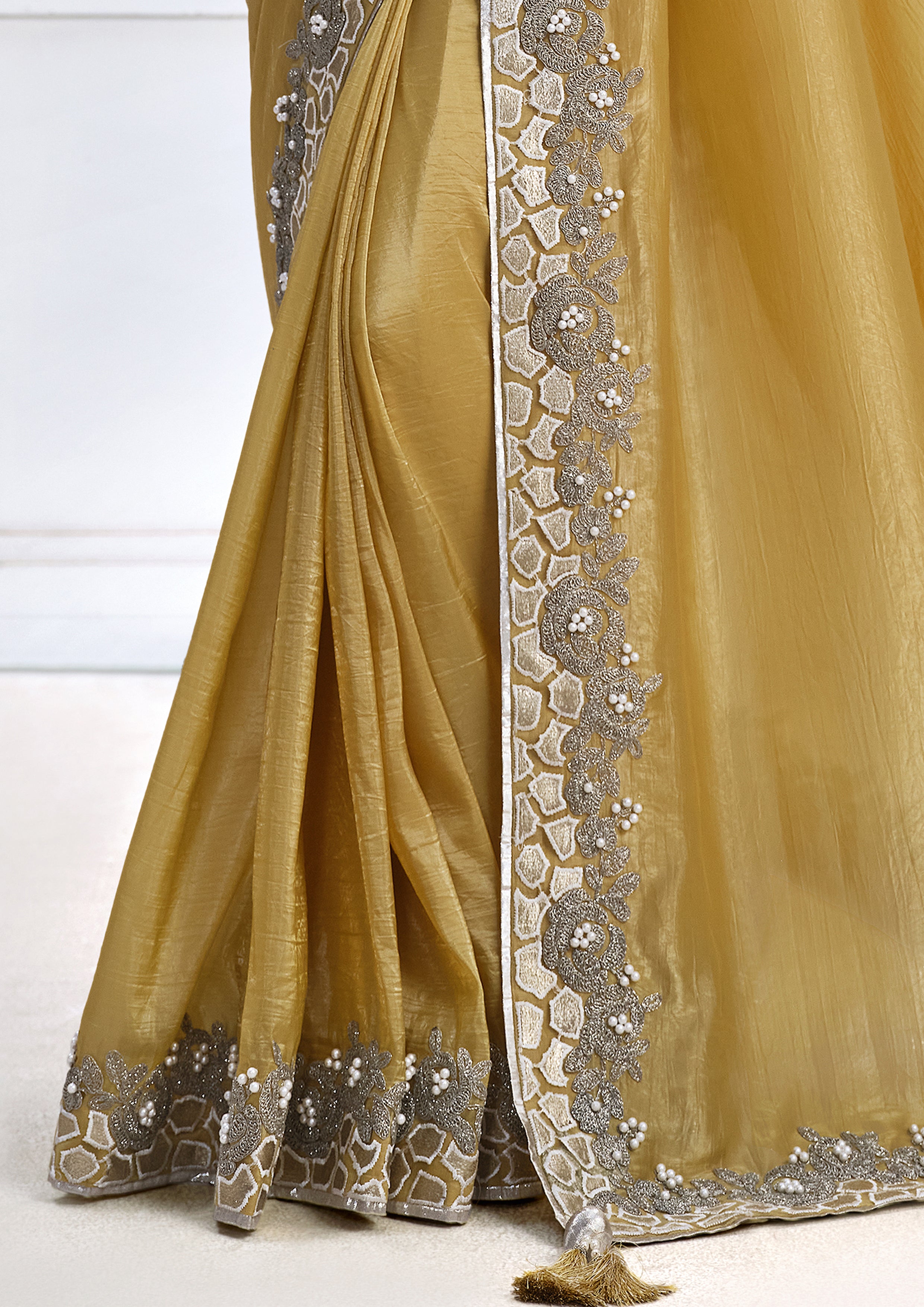 Mustard Gold Embroidered Tissue Silk Saree