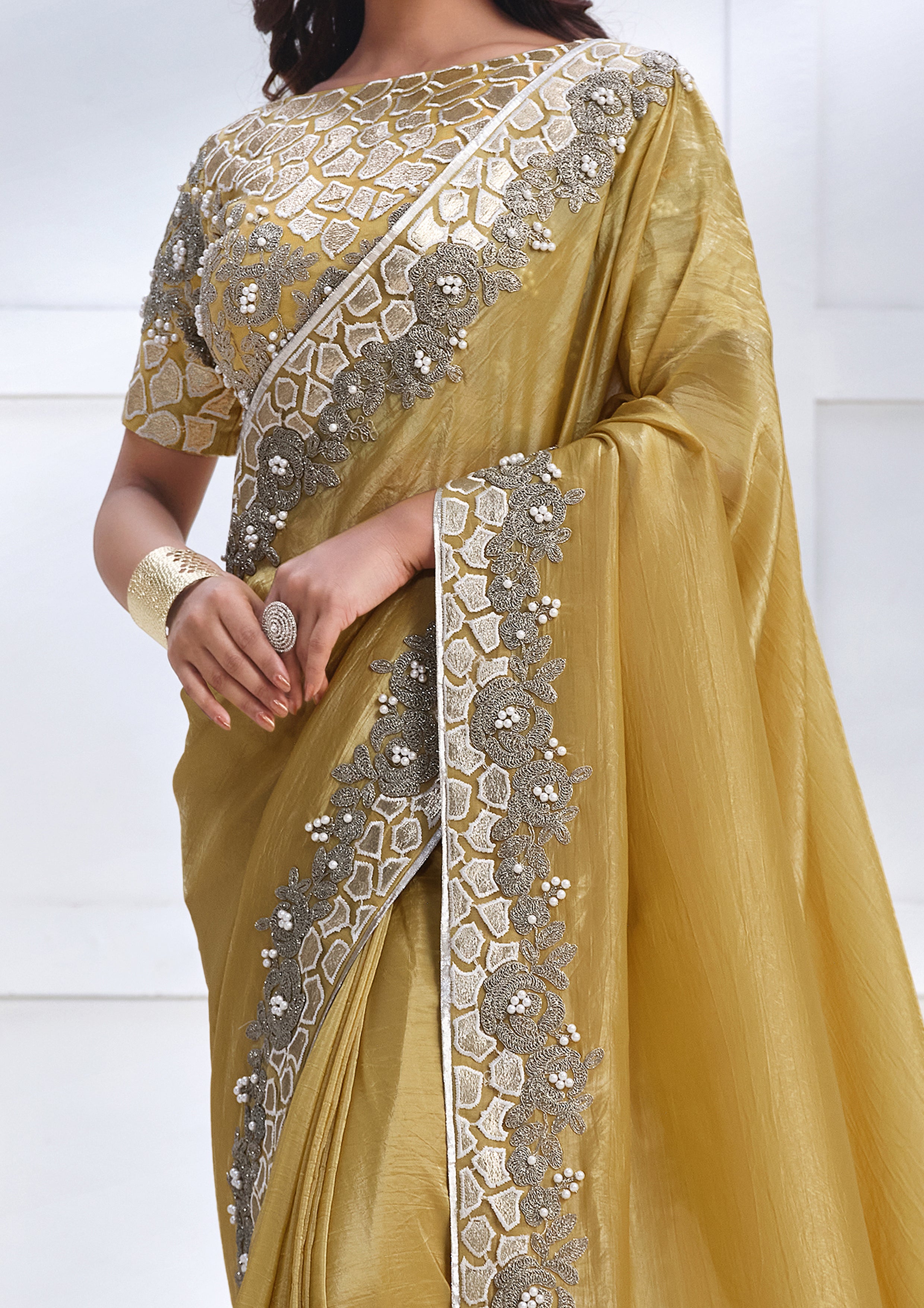 Mustard Gold Embroidered Tissue Silk Saree