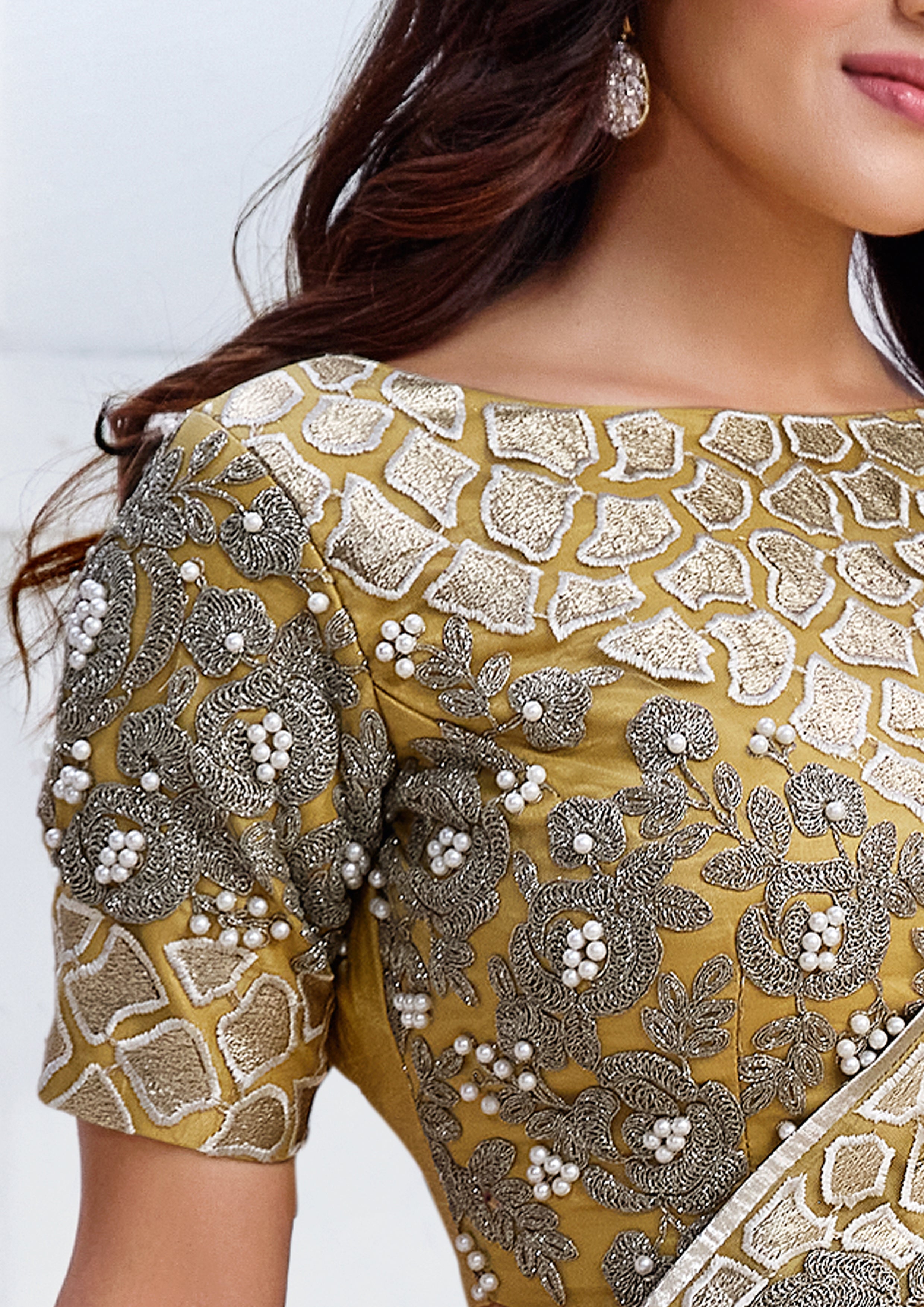 Mustard Gold Embroidered Tissue Silk Saree