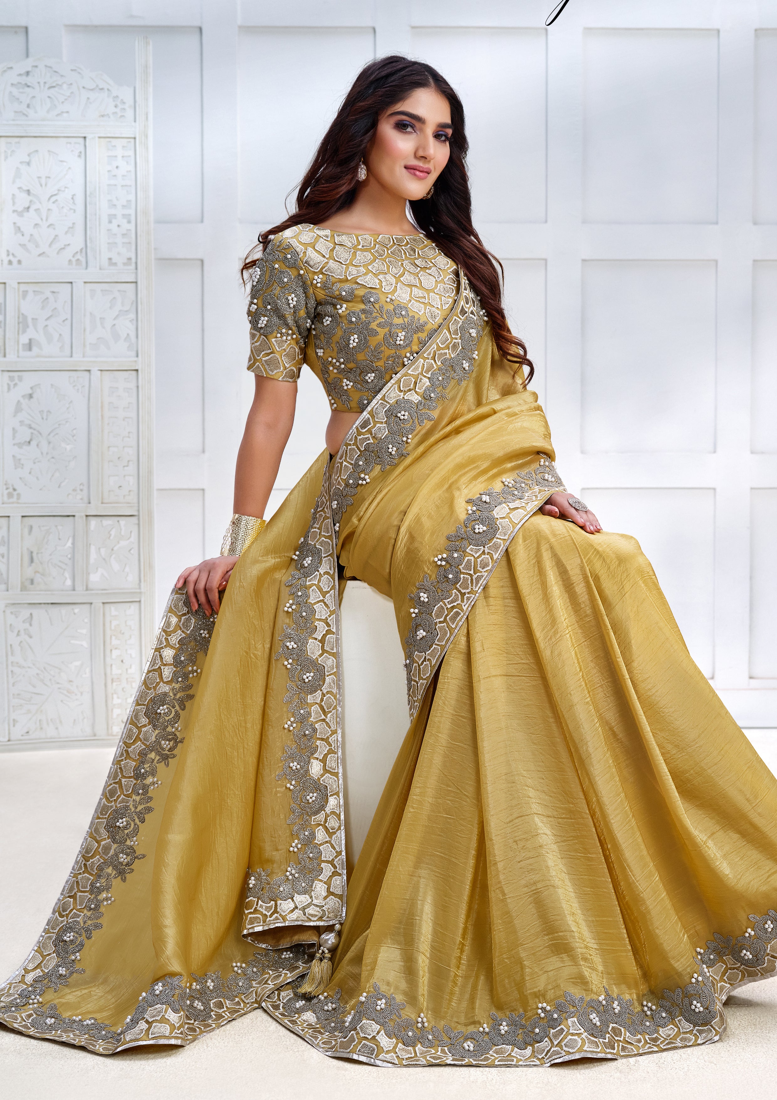 Mustard Gold Embroidered Tissue Silk Saree