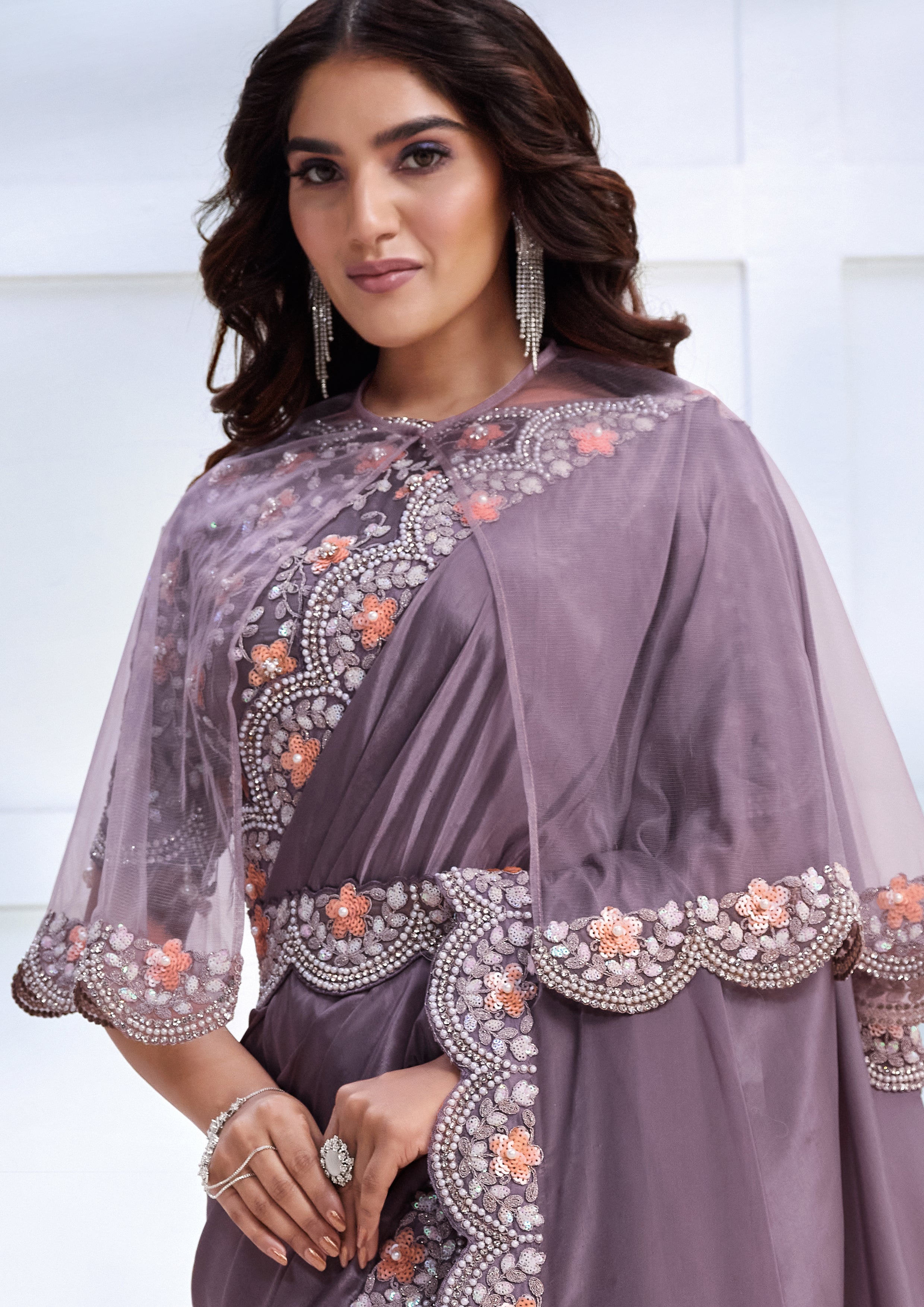 Wisteria Embellished Crepe Satin Silk Saree