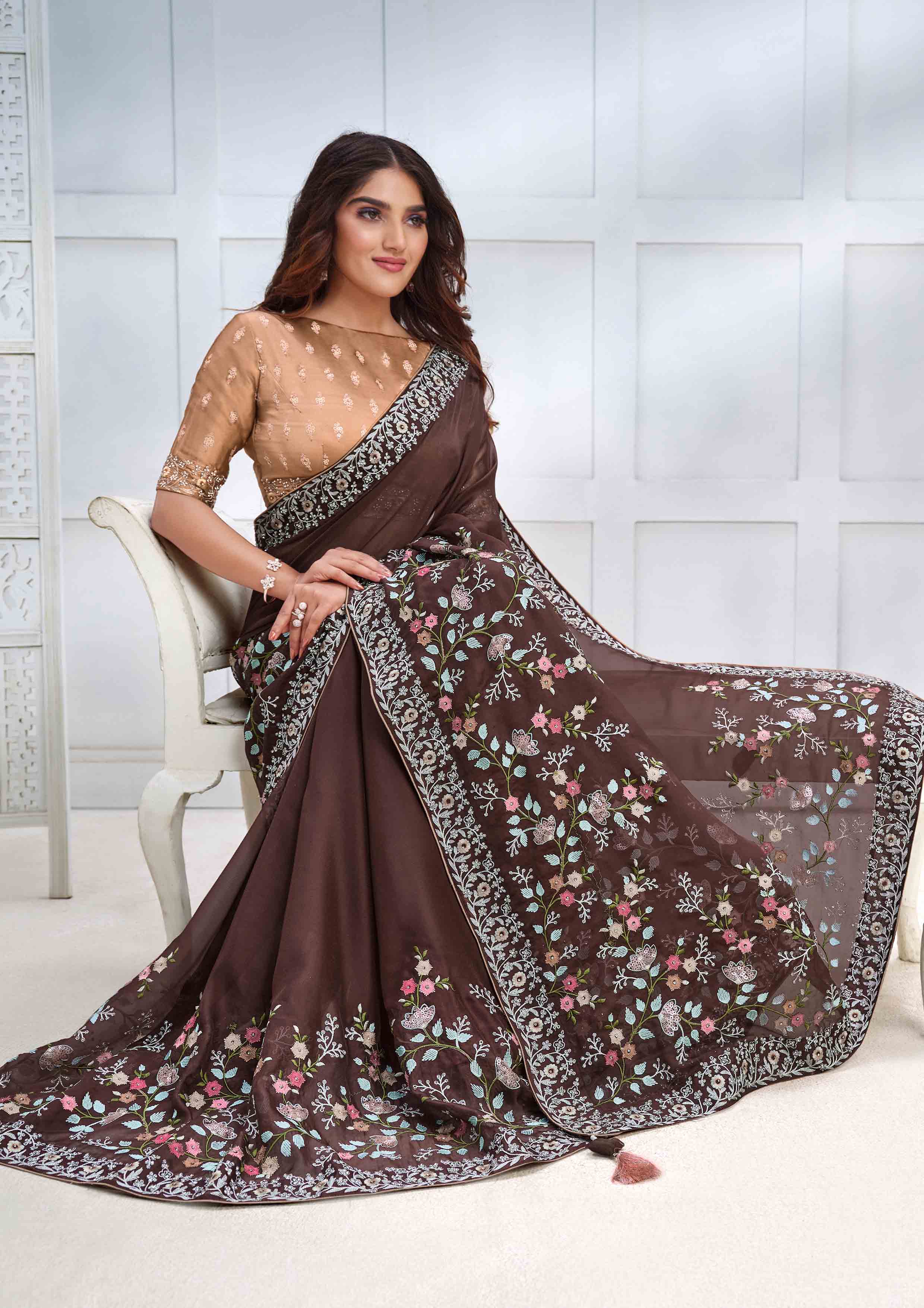 Espresso Brown Embellished Georgette Silk Saree