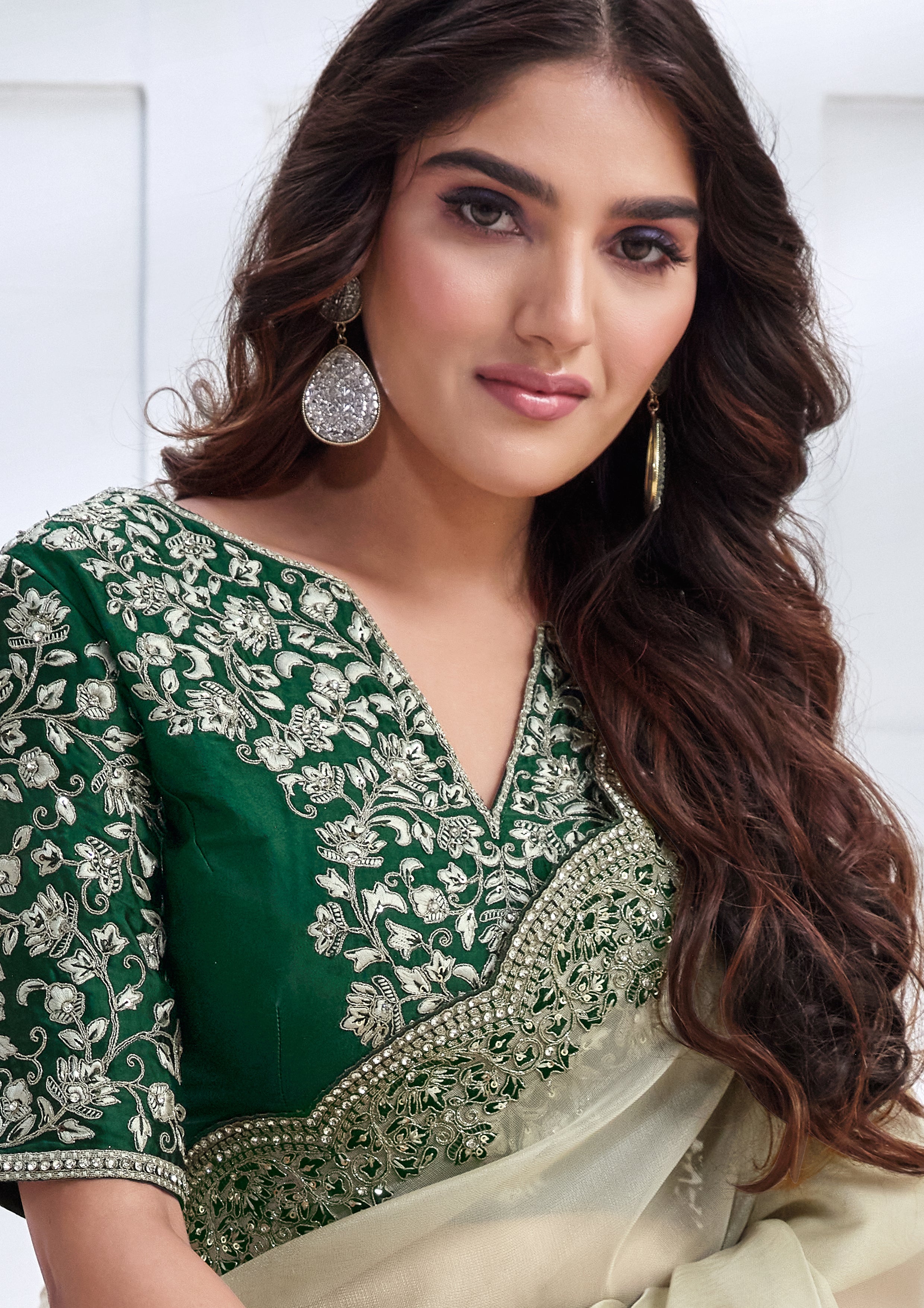 Pale Jade Embellished Net Organza Silk Saree