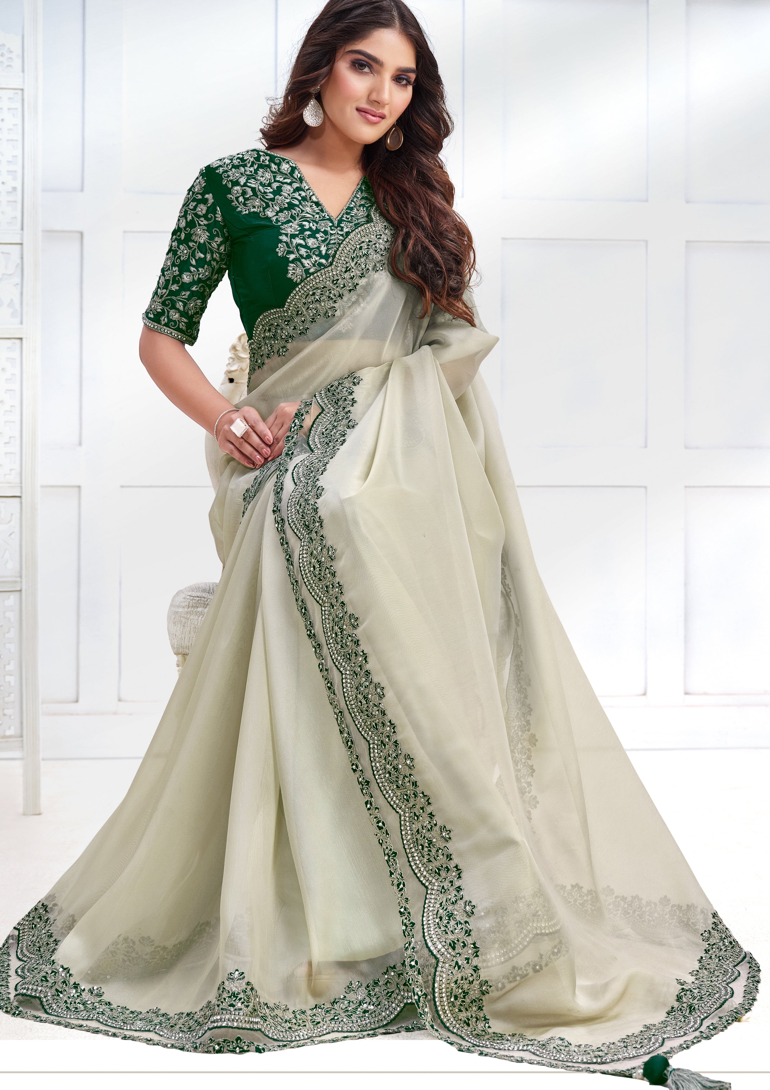Pale Jade Embellished Net Organza Silk Saree
