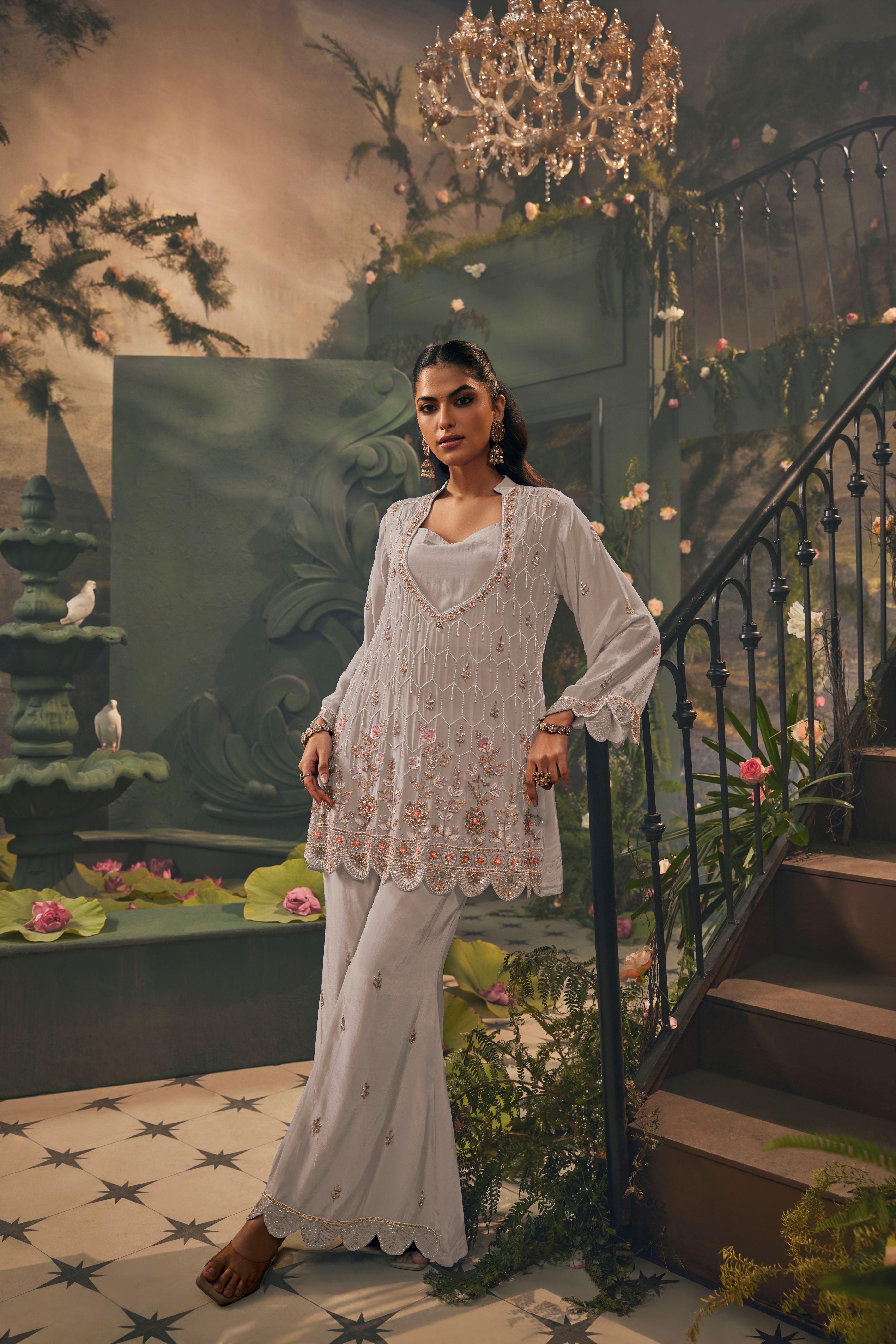 Ziya Grey Embellished Crepe Silk Co-Ord Set