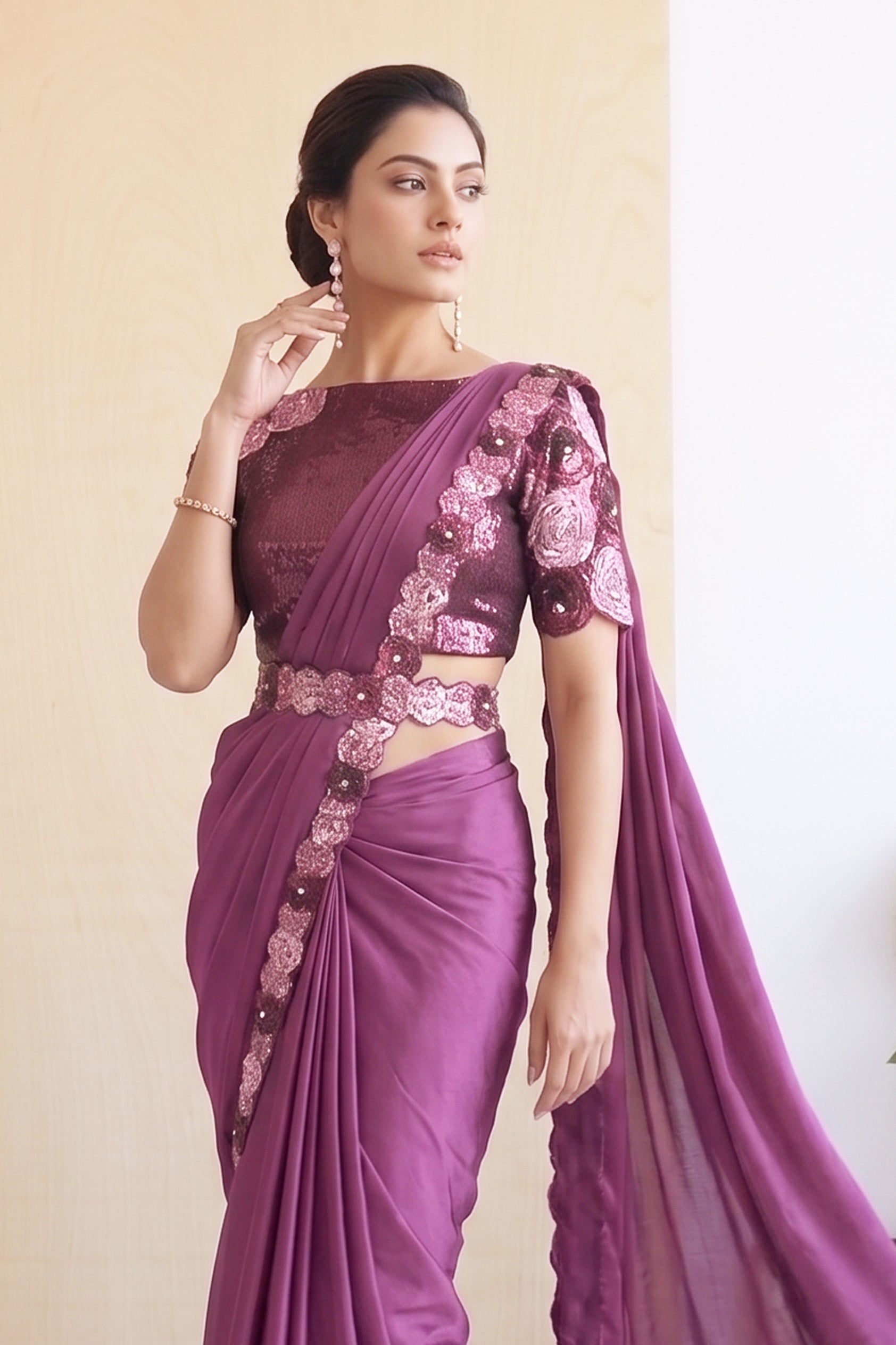 Orchid Embellished Crepe Satin Silk Saree