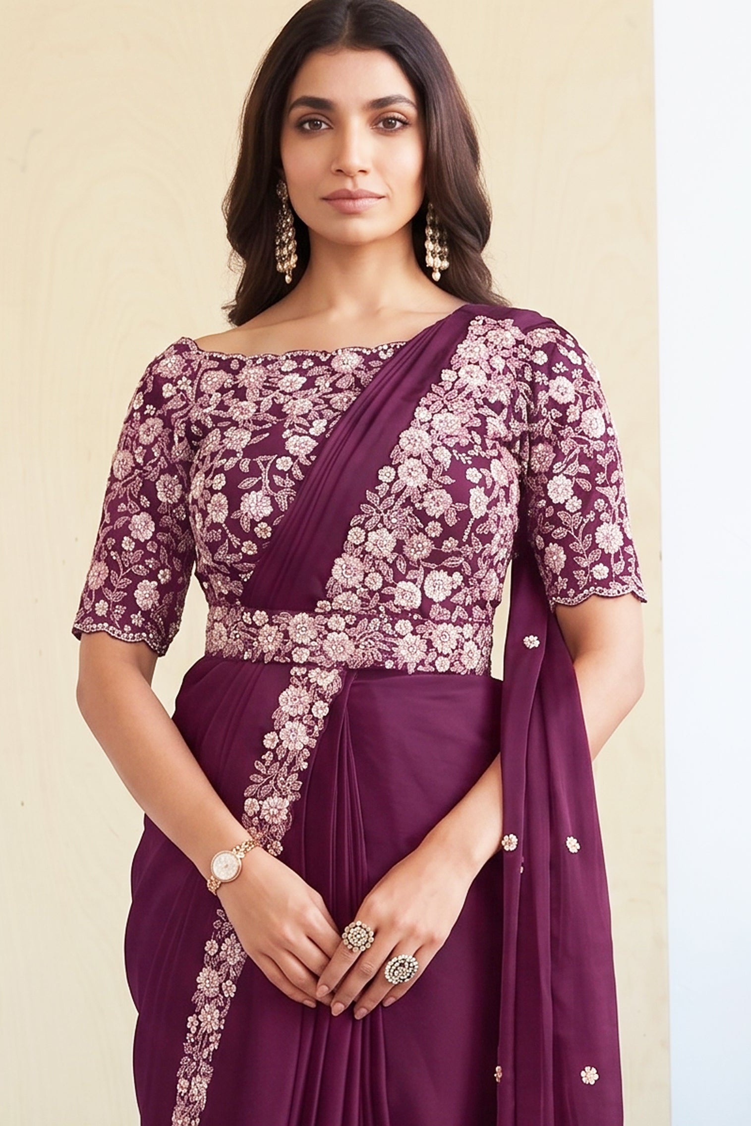 Wine Purple Embellished Crepe Satin Silk Saree