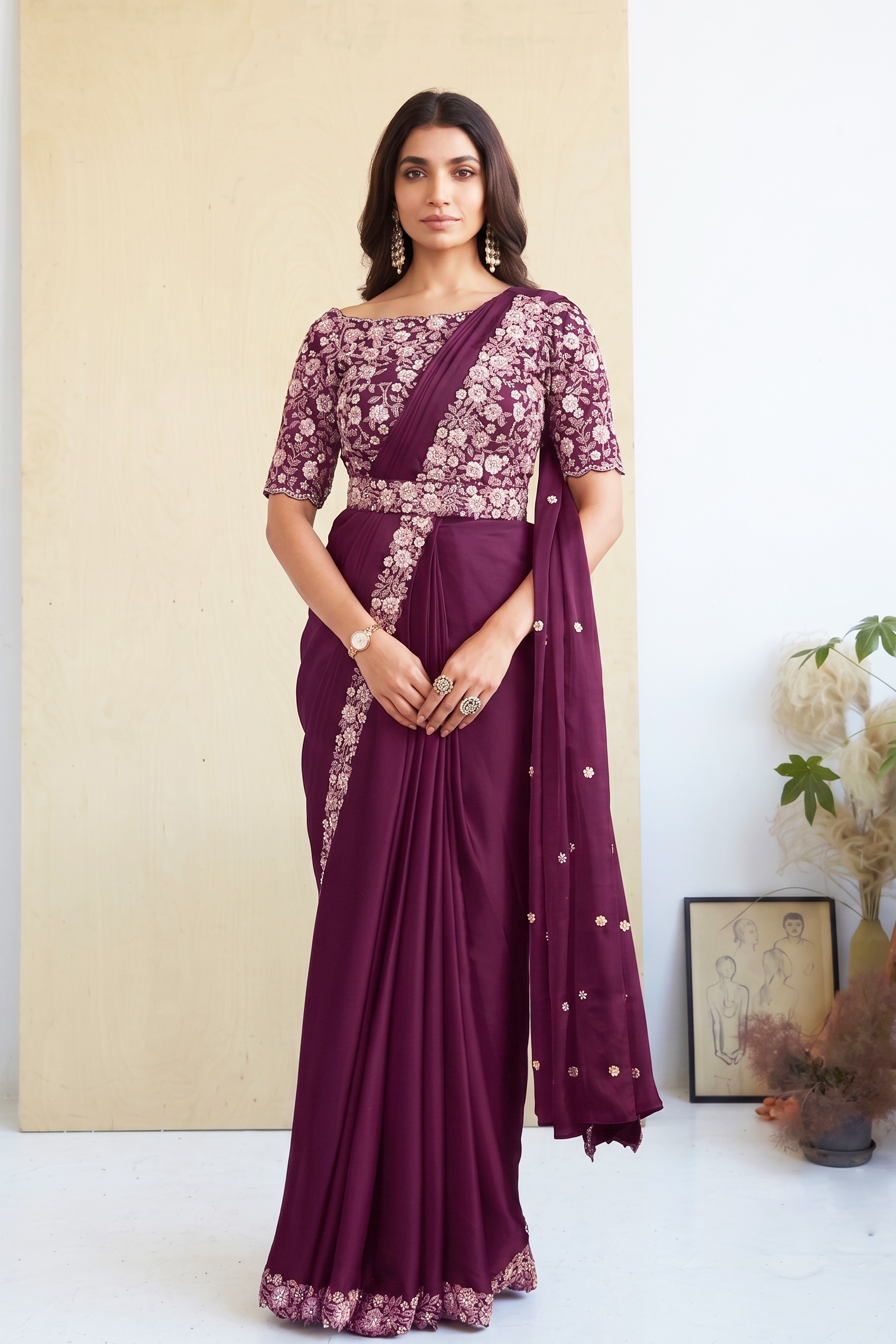 Wine Purple Embellished Crepe Satin Silk Saree