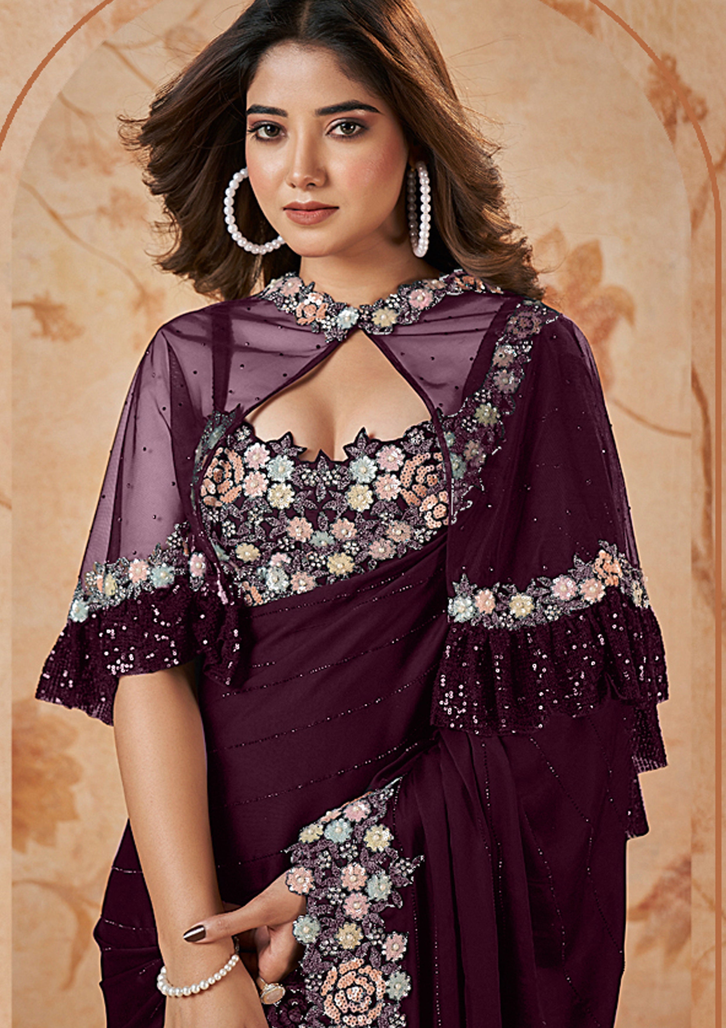 Deep Blackberry Embellished Crepe Satin Silk Saree