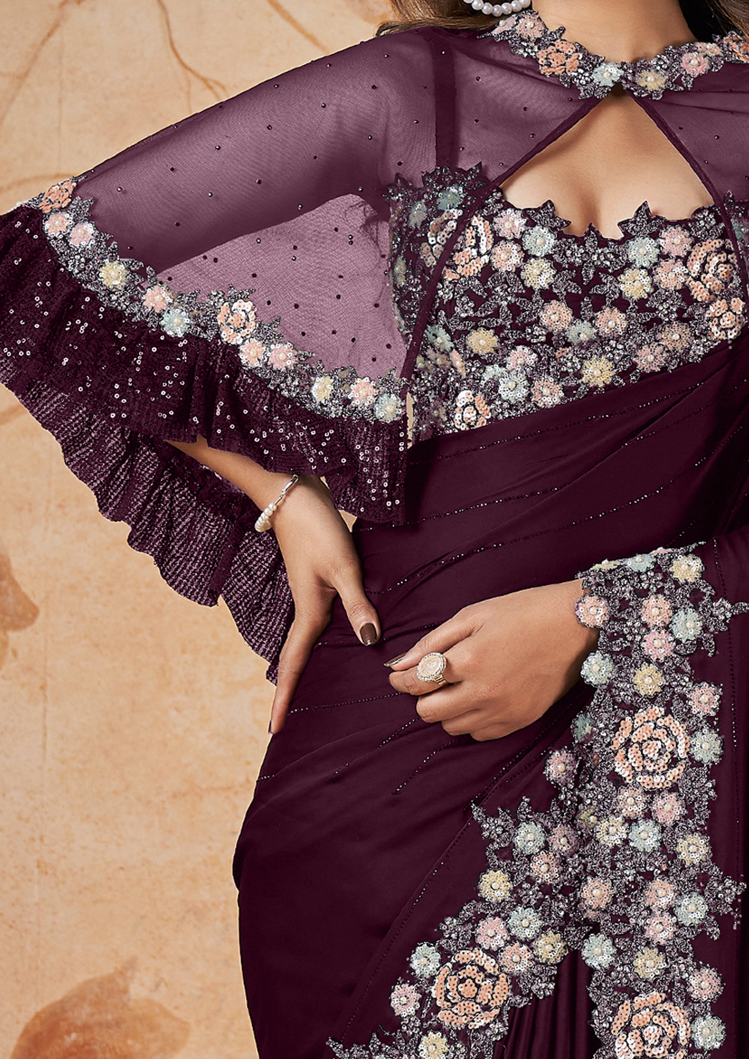 Deep Purple Embellished Crepe Satin Silk Saree