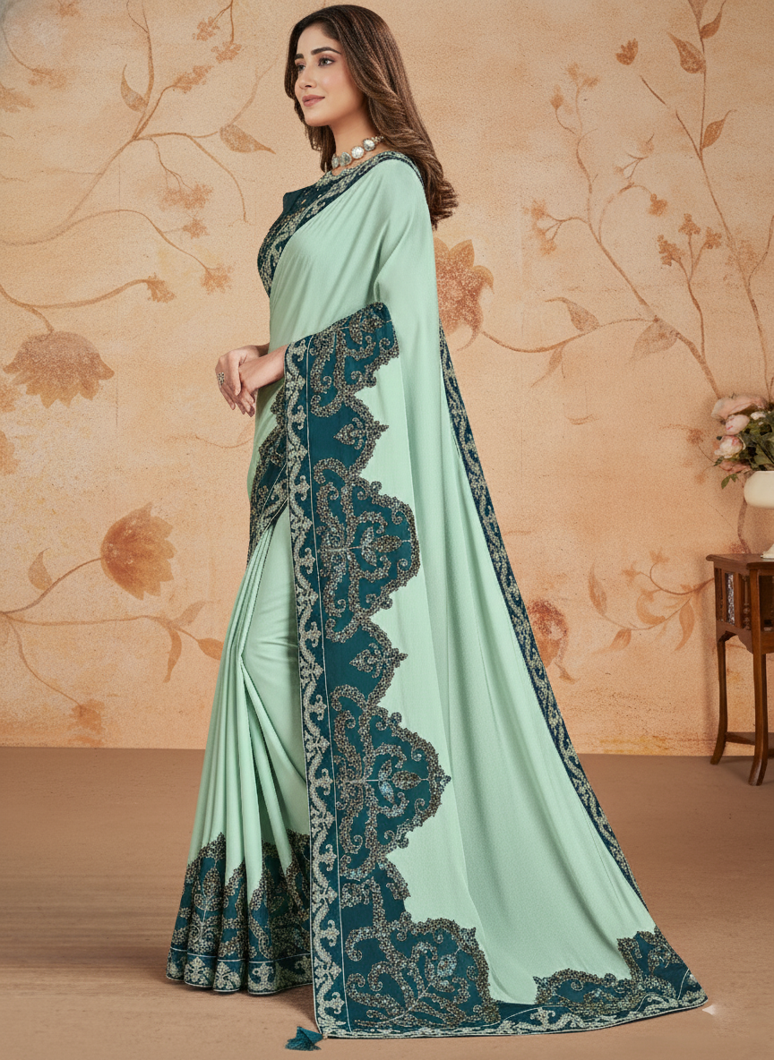 Seafoam Embroidered Georgette Silk Saree