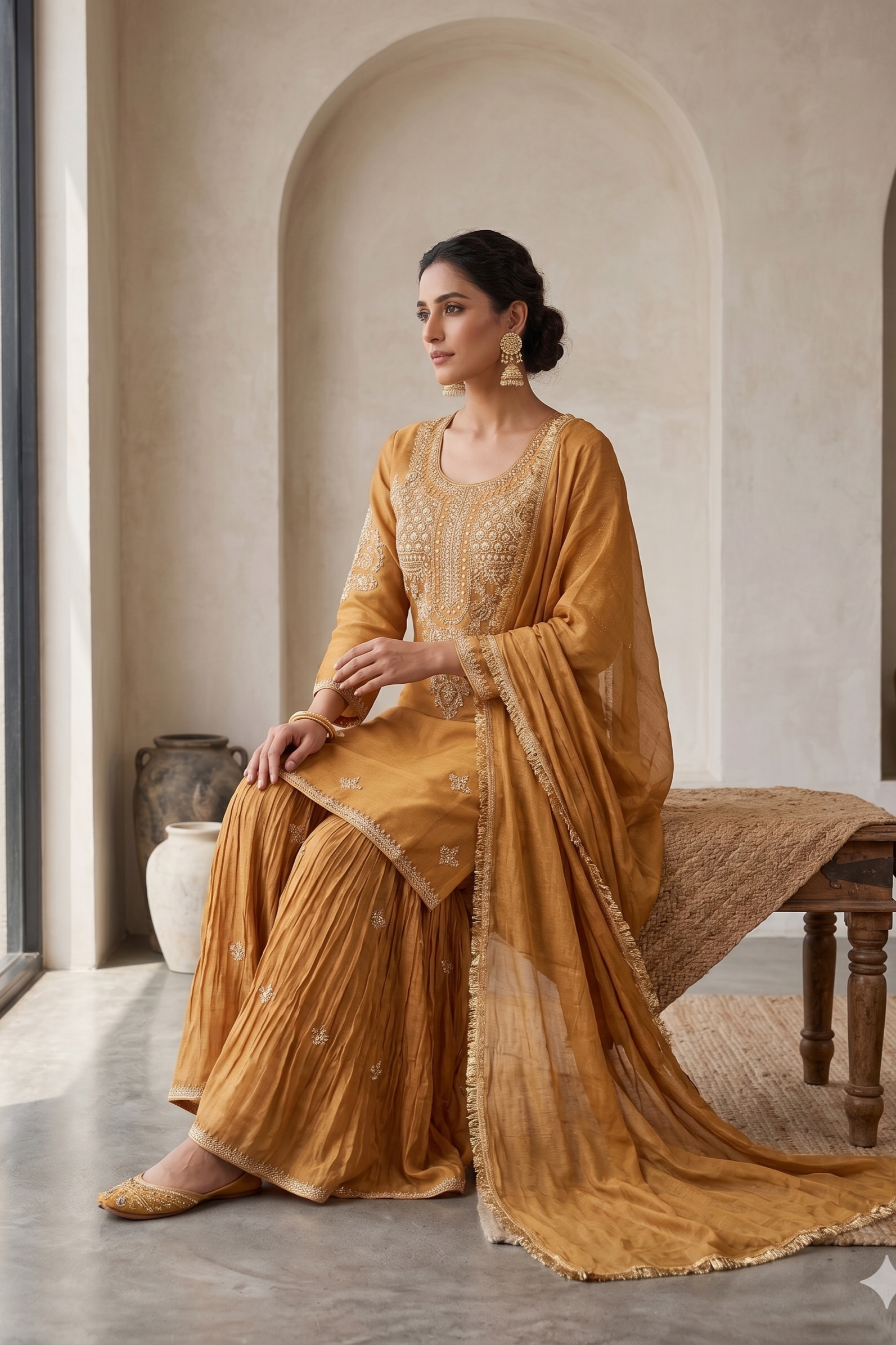 Mustard Gold Tissue Silk Sharara Set
