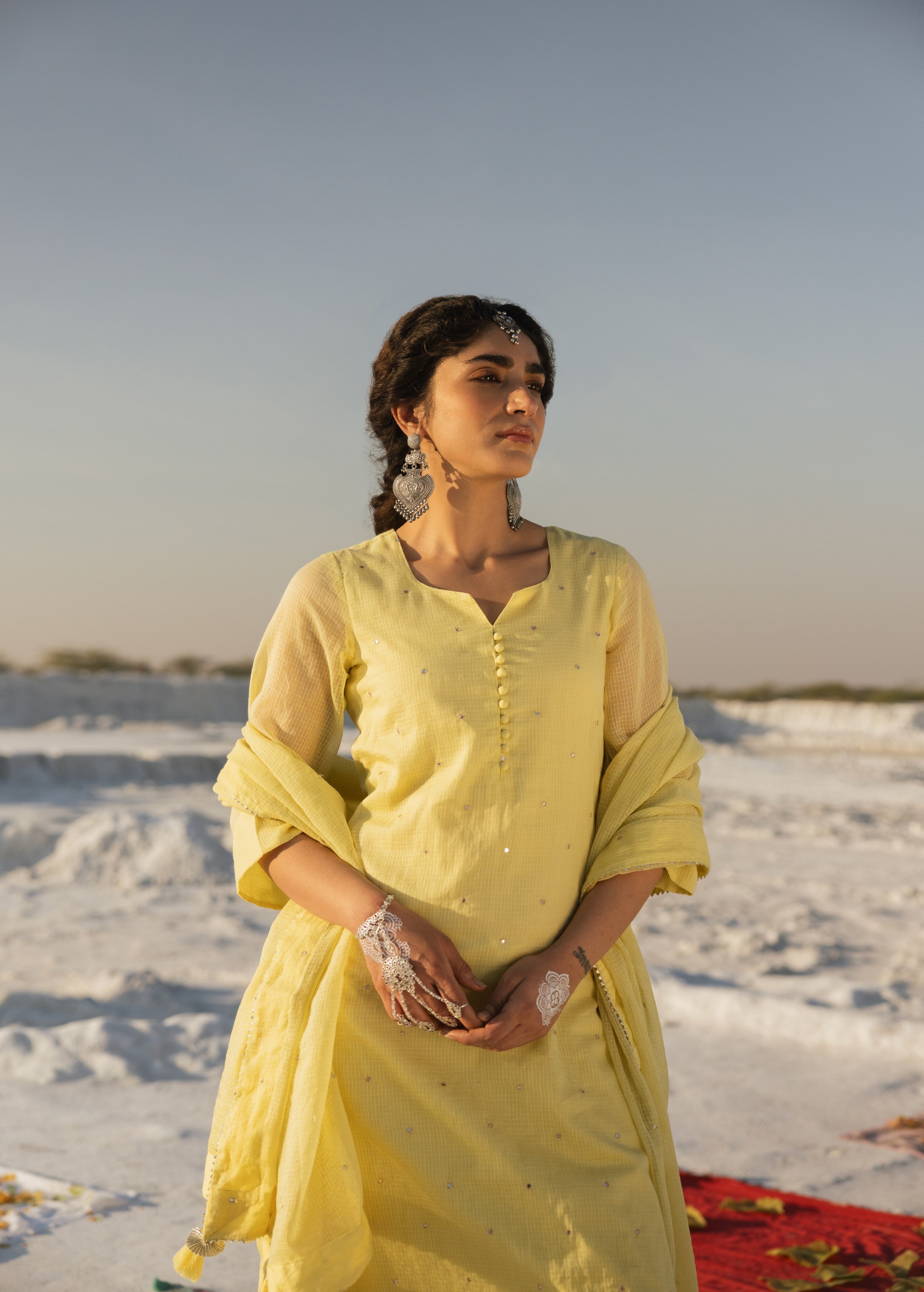 Light Yellow Embroidered Kota Doria Pant Set