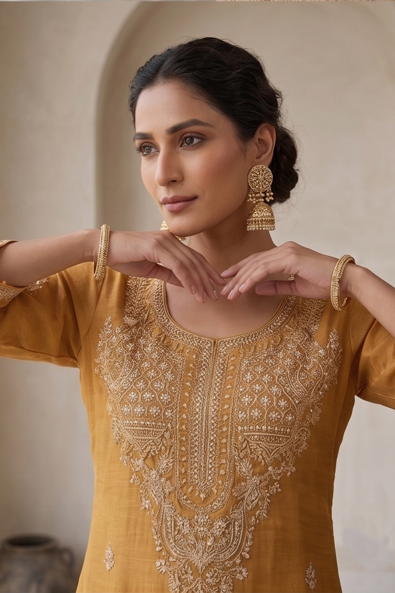 Mustard Gold Tissue Silk Sharara Set