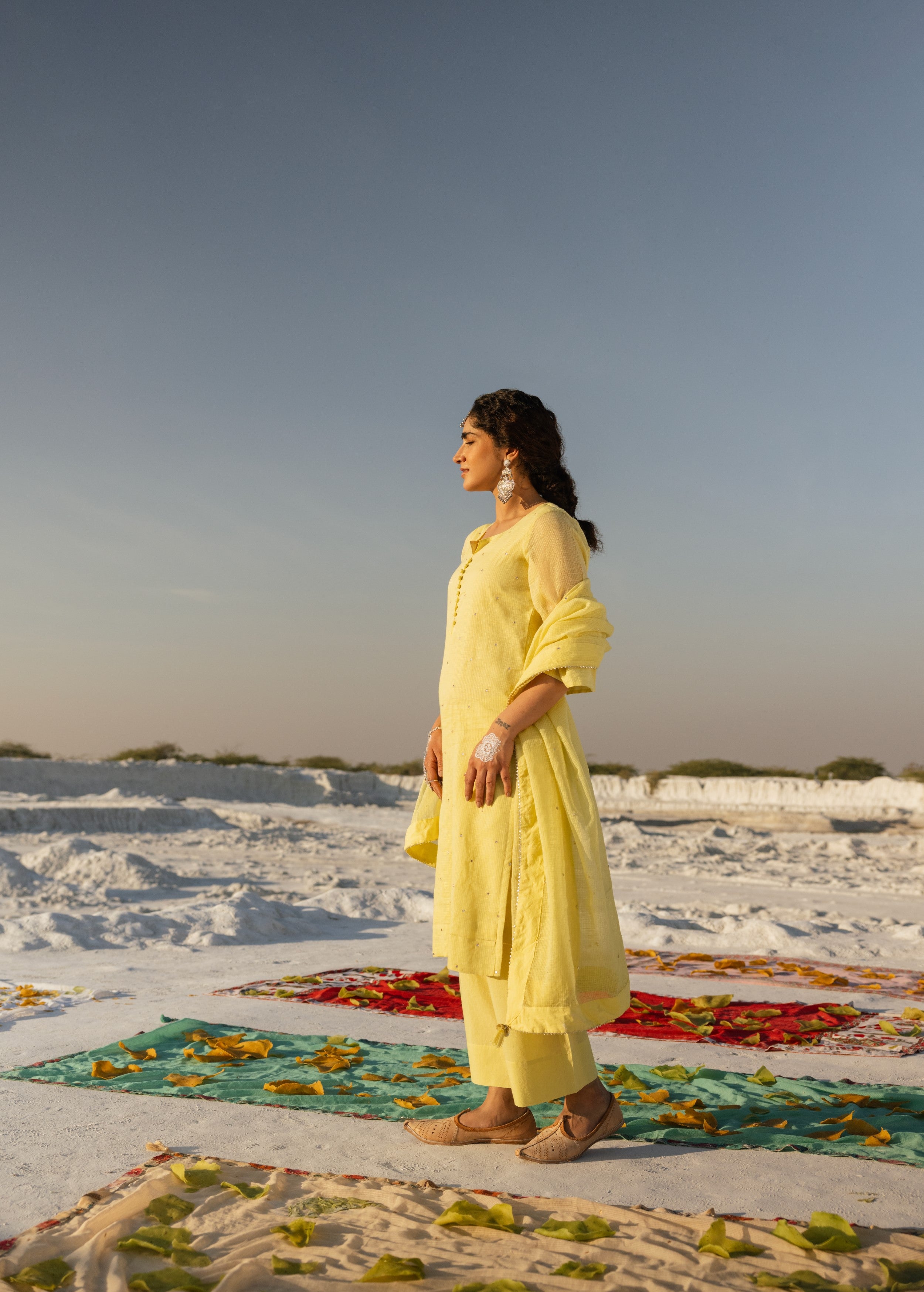 Light Yellow Embroidered Kota Doria Pant Set