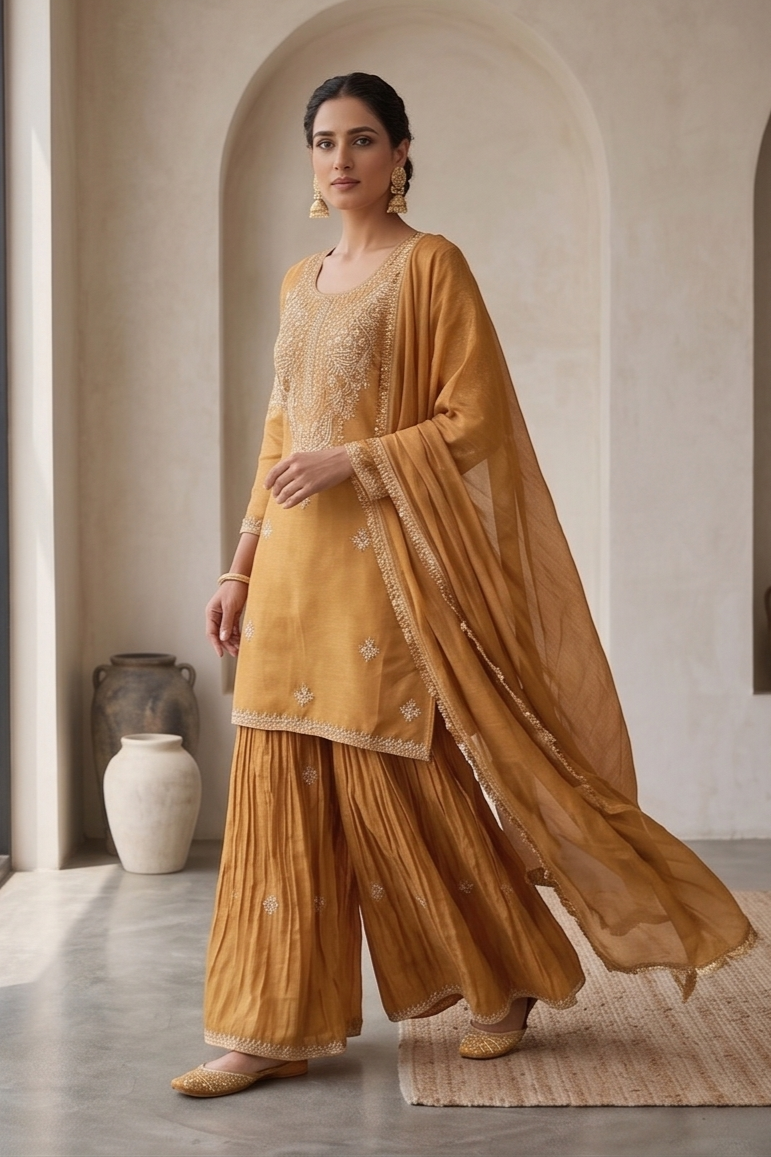 Mustard Gold Tissue Silk Sharara Set