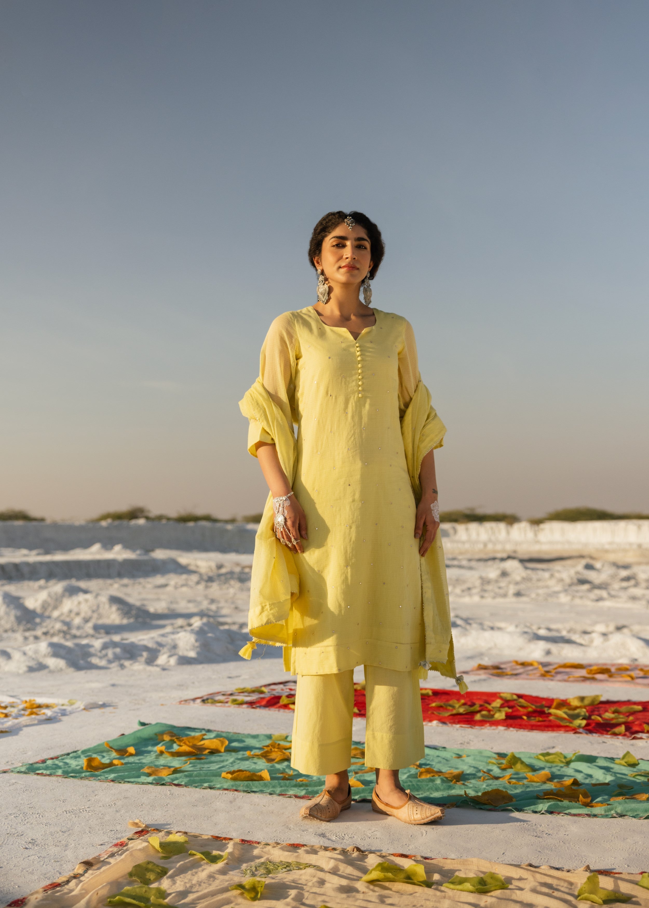 Light Yellow Embroidered Kota Doria Pant Set