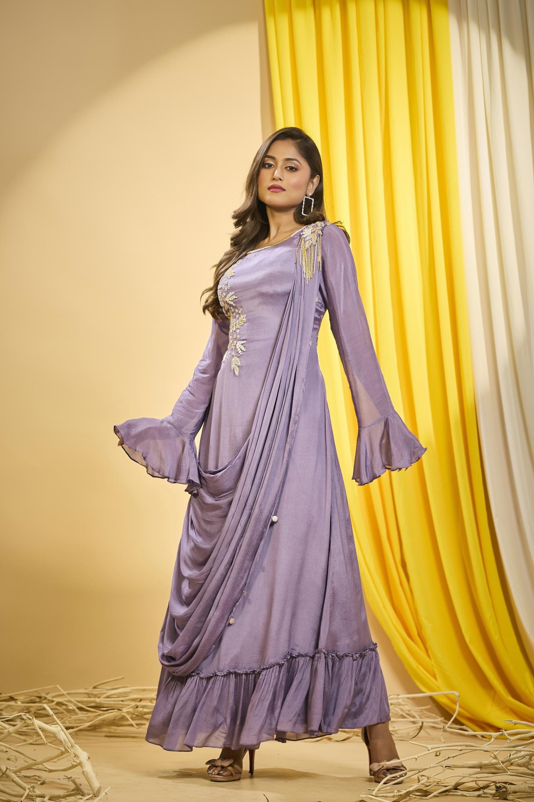 Light Purple Embellished Premium Chinon Silk Draped Gown