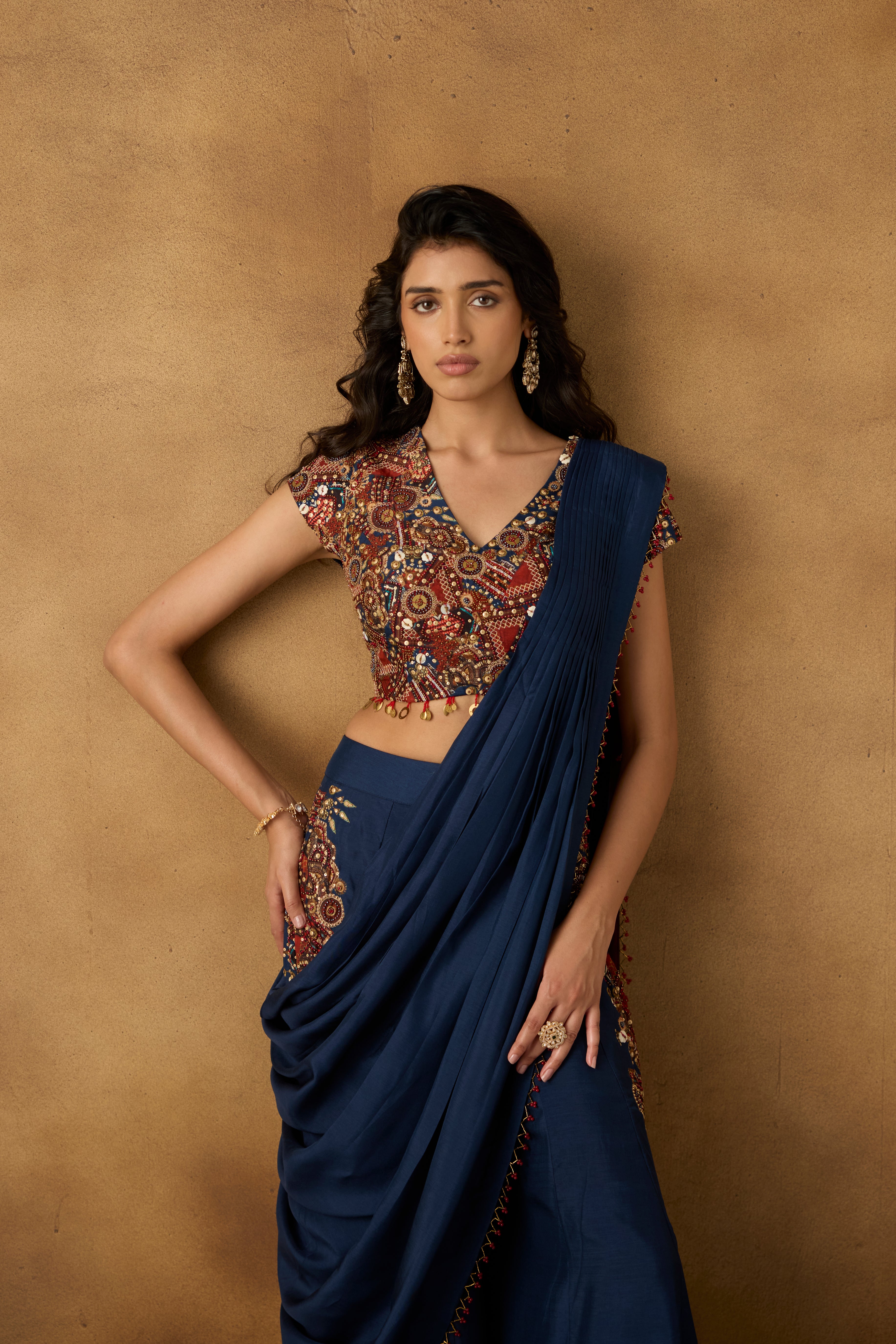 Navy Embellished Georgette Silk Palazzo with Drape